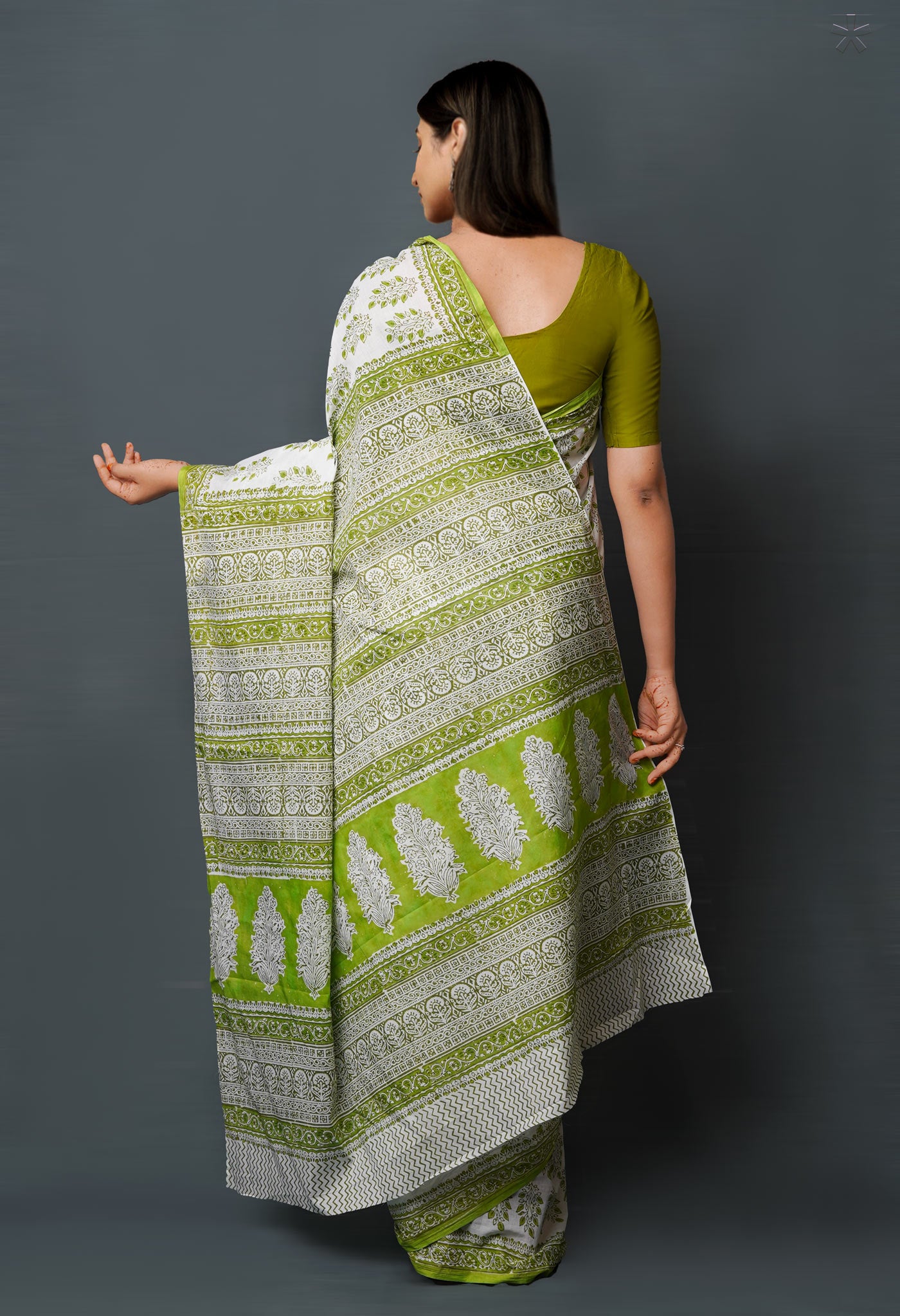 White-Green Pure  Block Printed Superfine Mulmul  Cotton Saree-UNM72617