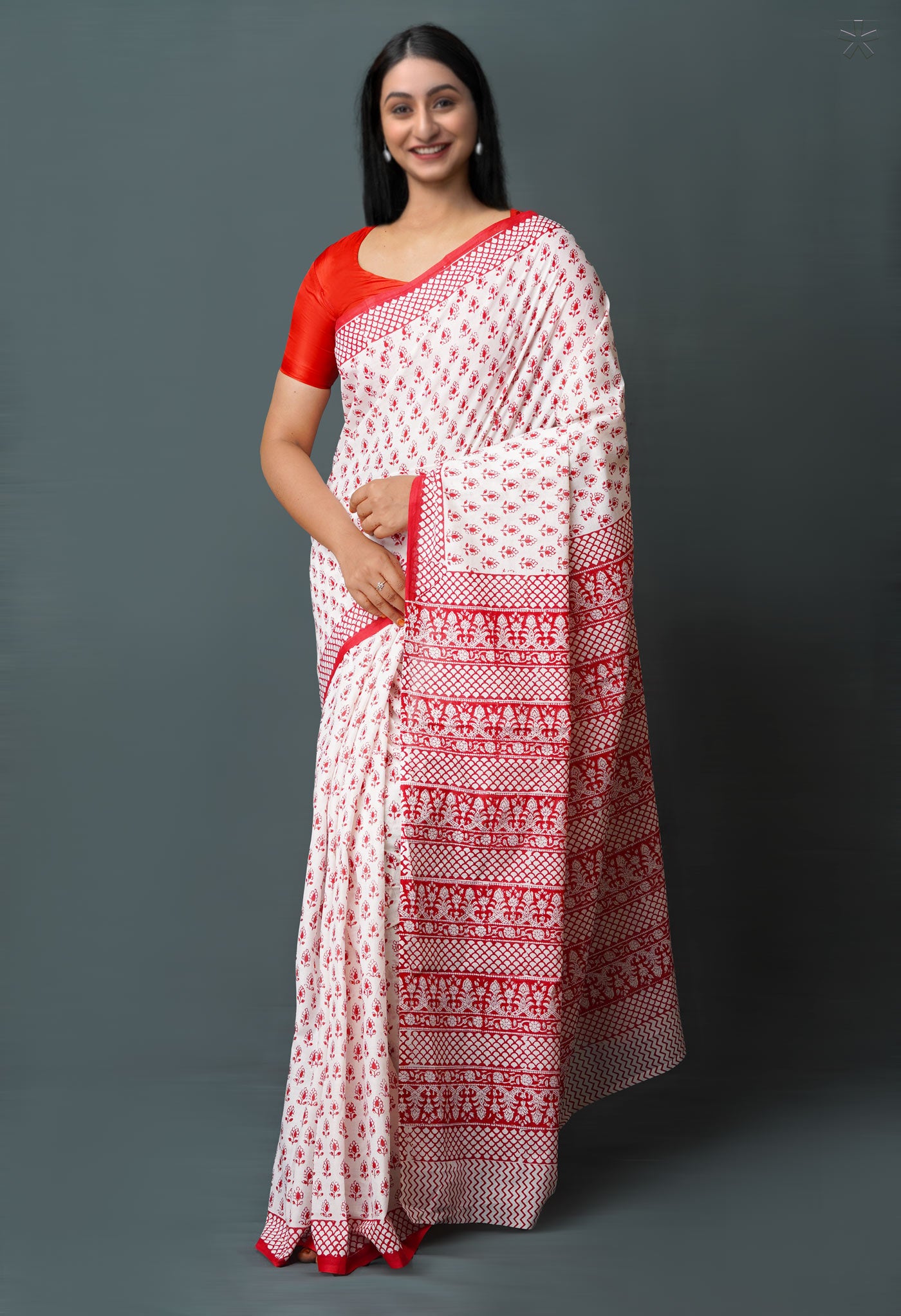 White-Red Pure  Block Printed Superfine Mulmul  Cotton Saree-UNM72619