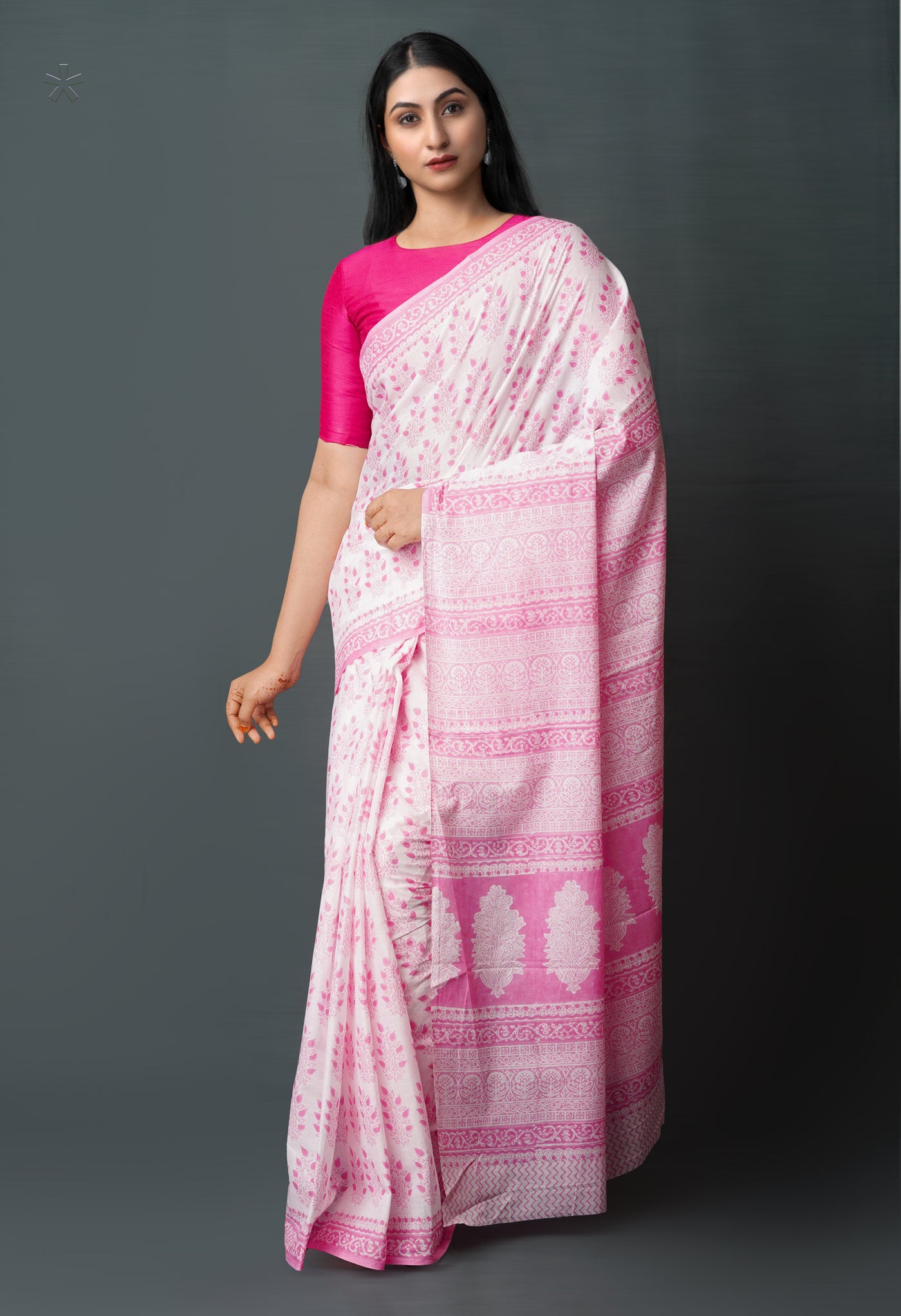 White-Pink Pure  Block Printed Superfine Mulmul  Cotton Saree-UNM72620