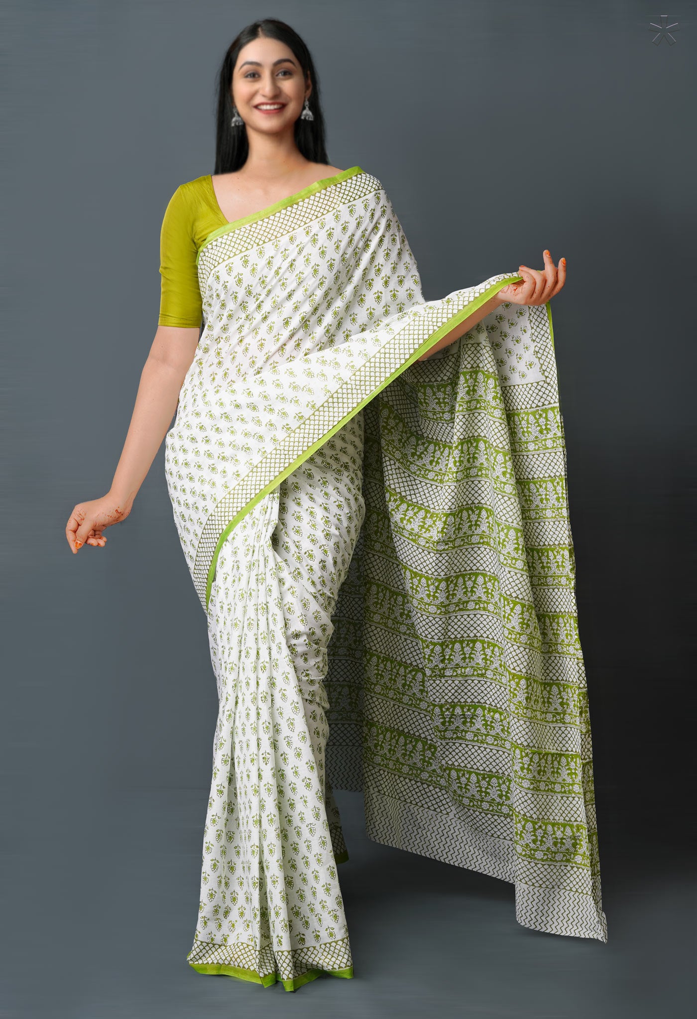 White-Green Pure  Block Printed Superfine Mulmul  Cotton Saree-UNM72621