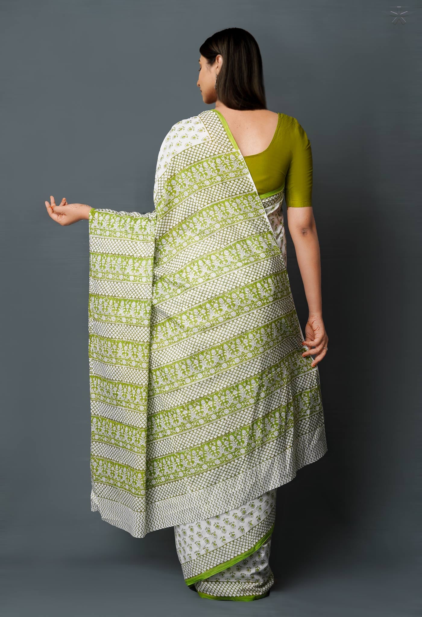 White-Green Pure  Block Printed Superfine Mulmul  Cotton Saree-UNM72621