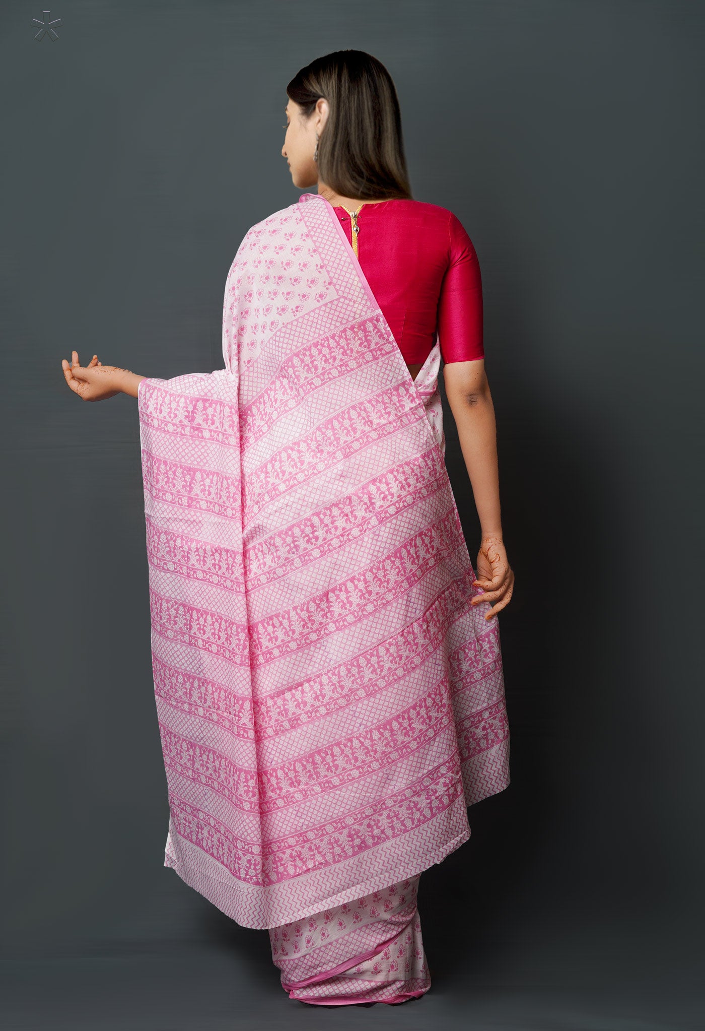 White-Pink Pure  Block Printed Superfine Mulmul  Cotton Saree-UNM72622