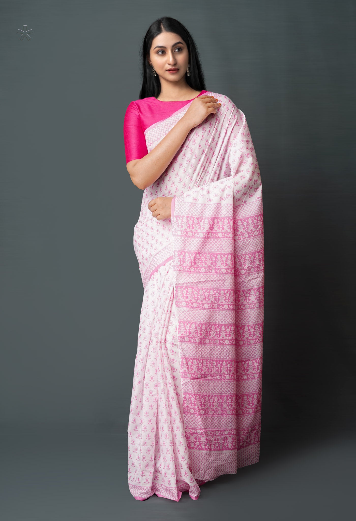 White-Pink Pure  Block Printed Superfine Mulmul  Cotton Saree-UNM72622