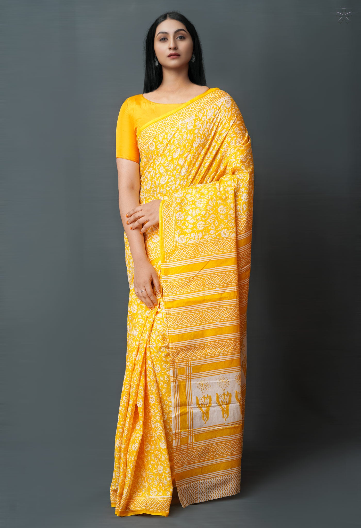 Yellow Pure  Block Printed Superfine Mulmul  Cotton Saree-UNM72623