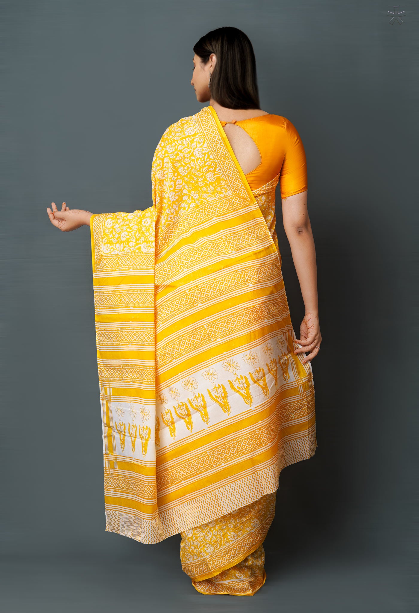 Yellow Pure  Block Printed Superfine Mulmul  Cotton Saree-UNM72623