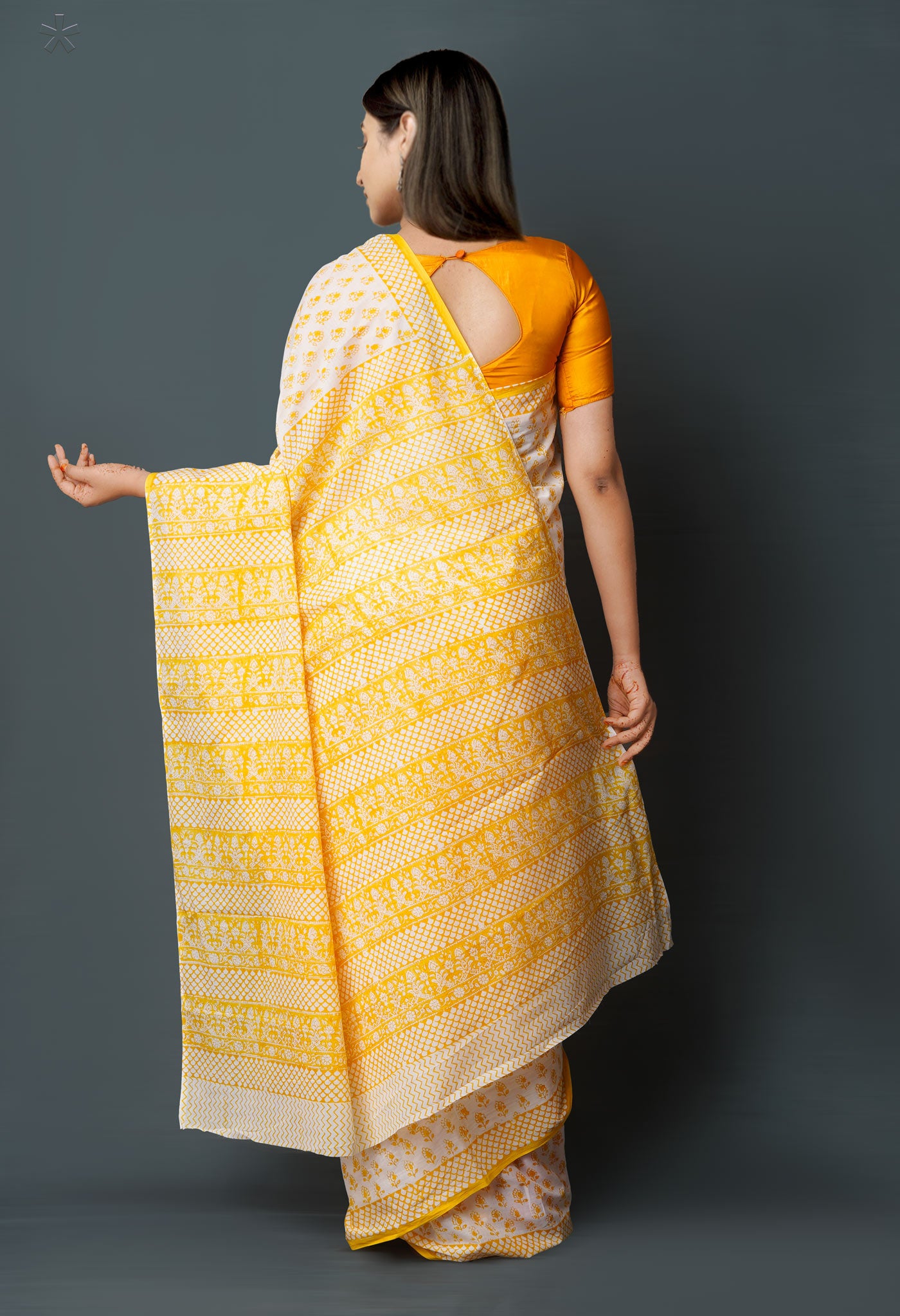 White-Yellow Pure  Block Printed Superfine Mulmul  Cotton Saree-UNM72626