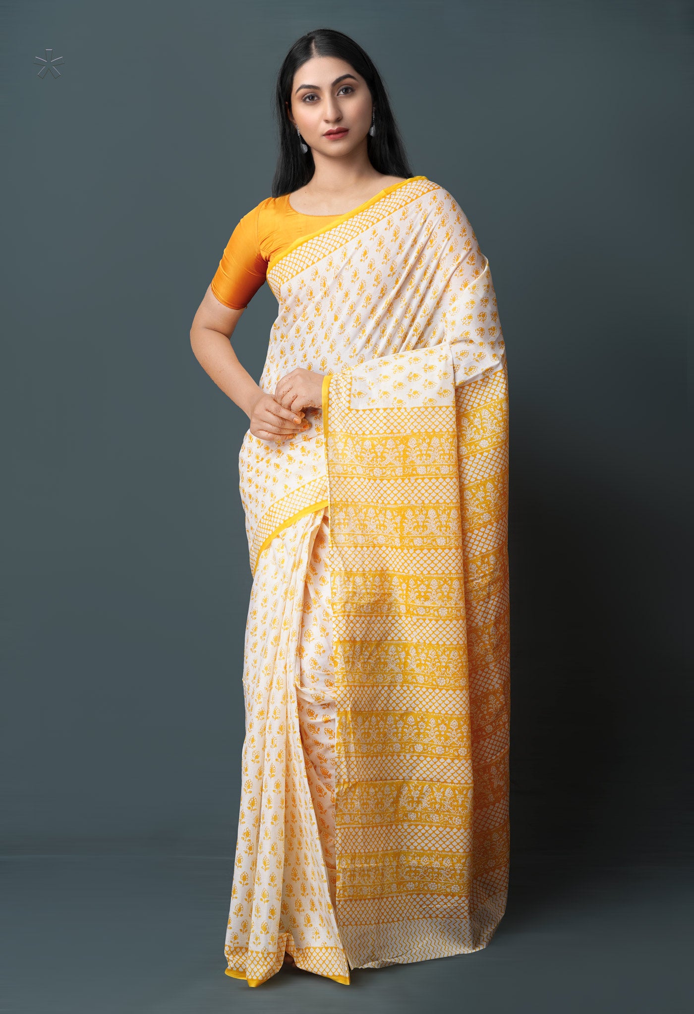 White-Yellow Pure  Block Printed Superfine Mulmul  Cotton Saree-UNM72626