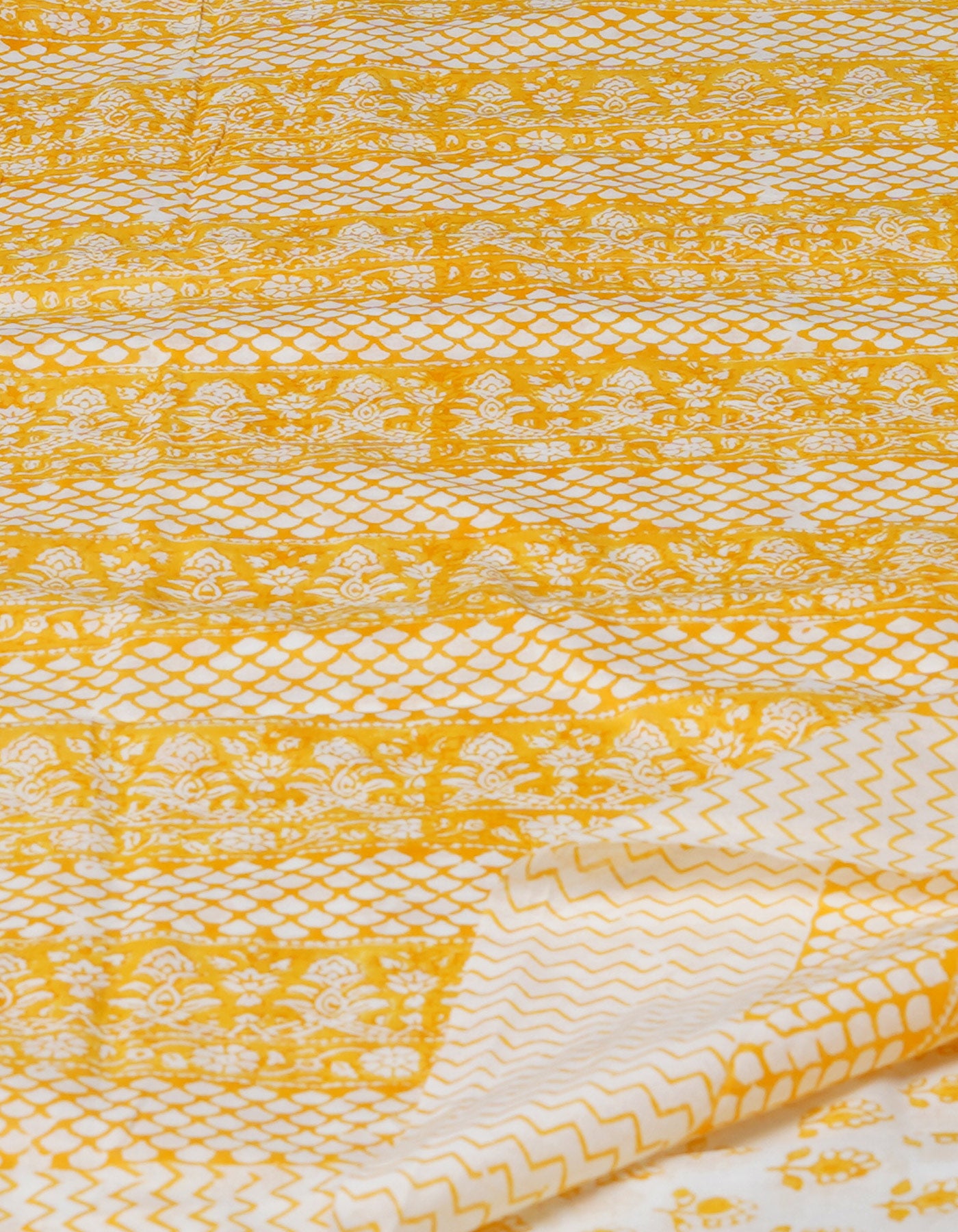 White-Yellow Pure  Block Printed Superfine Mulmul  Cotton Saree-UNM72626