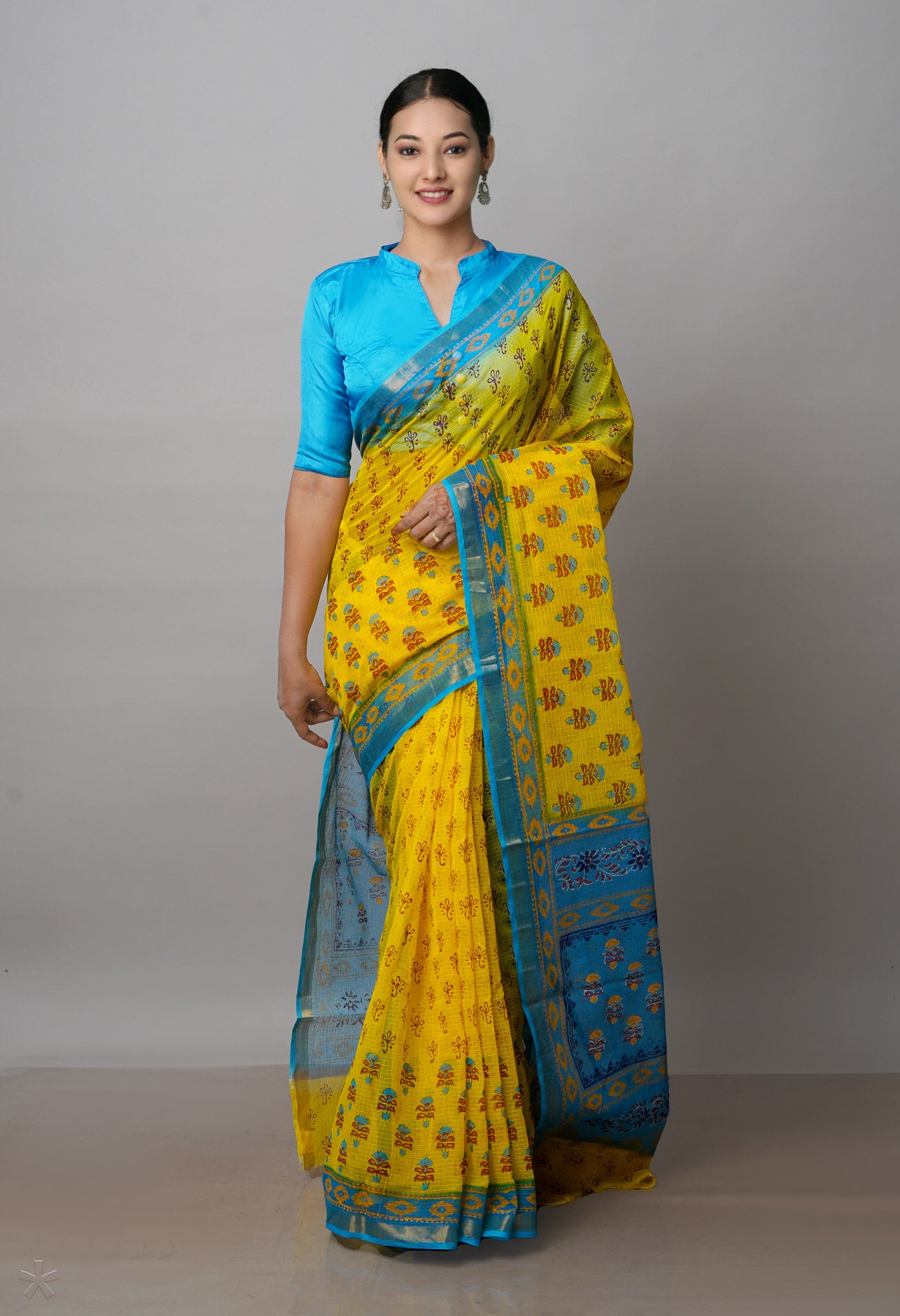 Yellow Pure  Dyed Printed Kota Cotton Saree-UNM72658