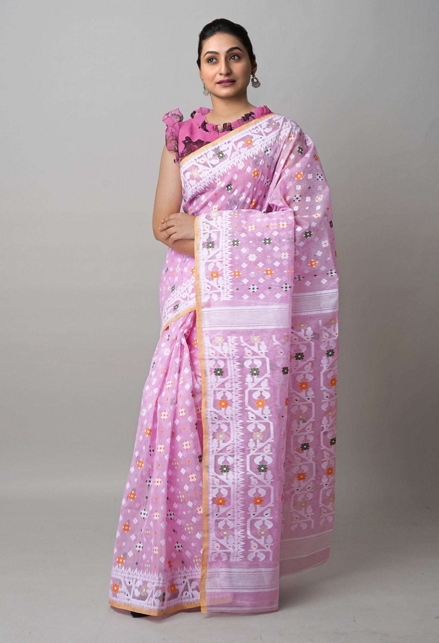 Light pink Pure Handloom Dhaka Jamdhani Bengal  Cotton Silk Saree-UNM72694