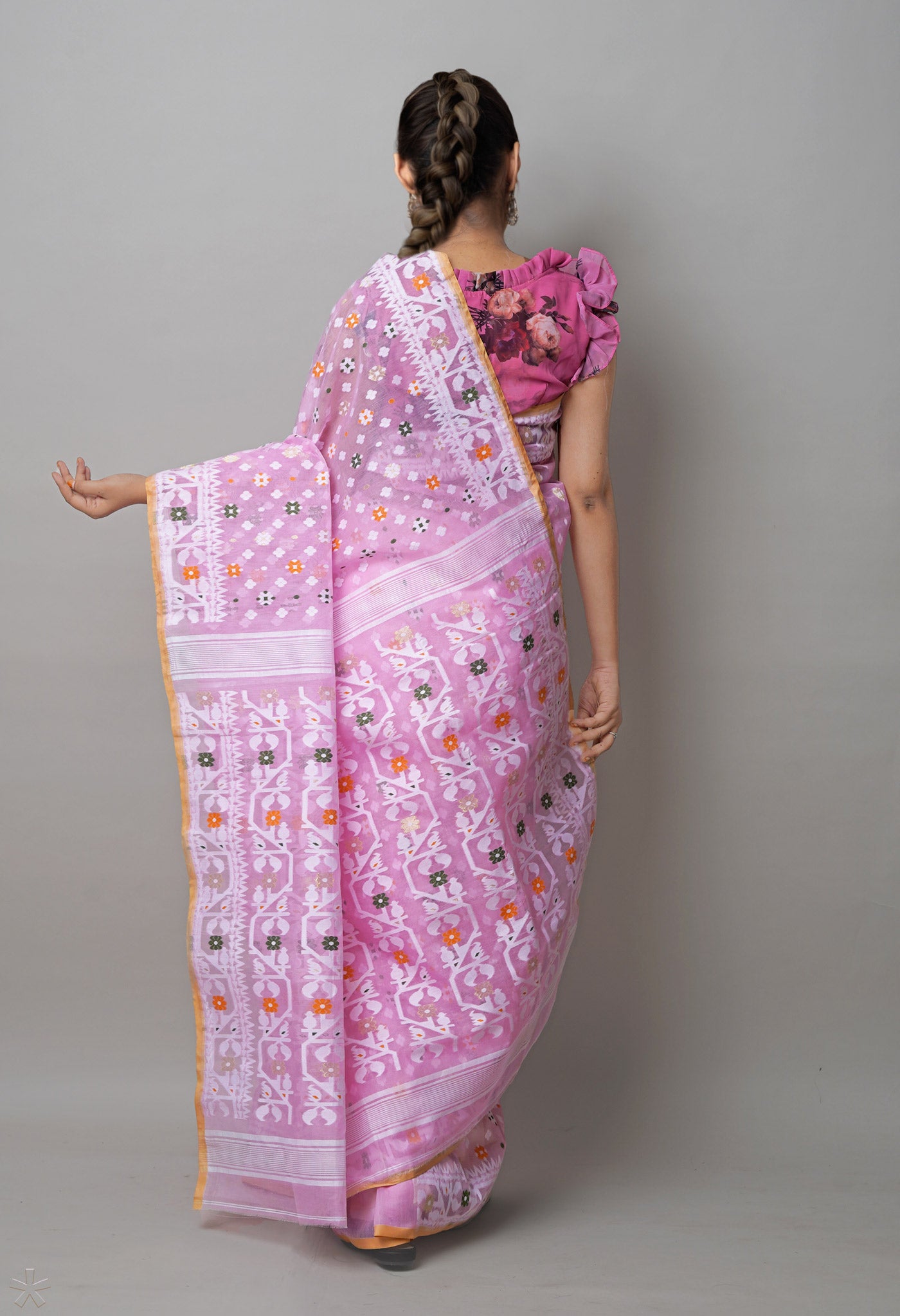 Light pink Pure Handloom Dhaka Jamdhani Bengal  Cotton Silk Saree-UNM72694