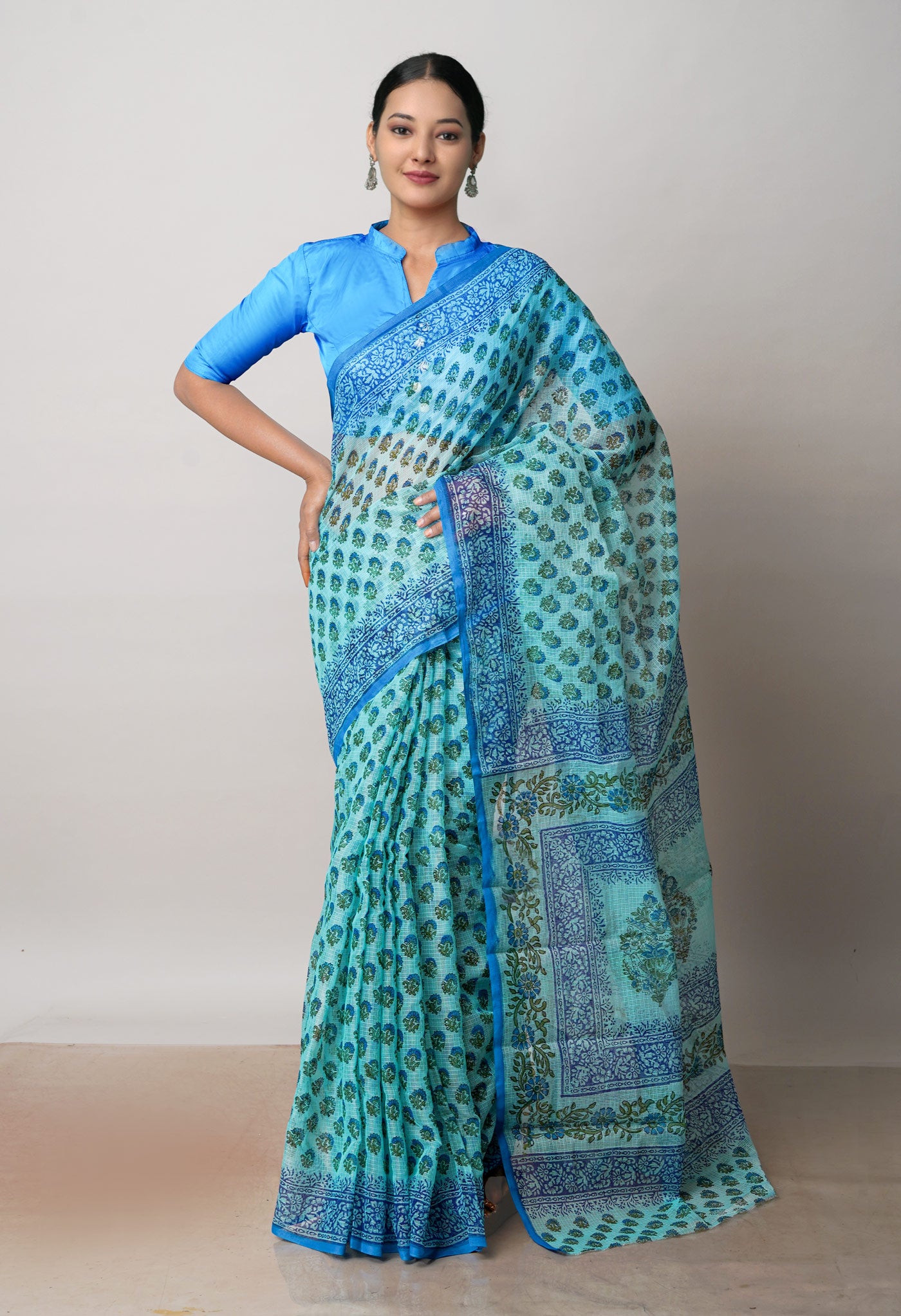 Turquoise Blue Pure  Block Printed Kota Cotton Saree-UNM72709