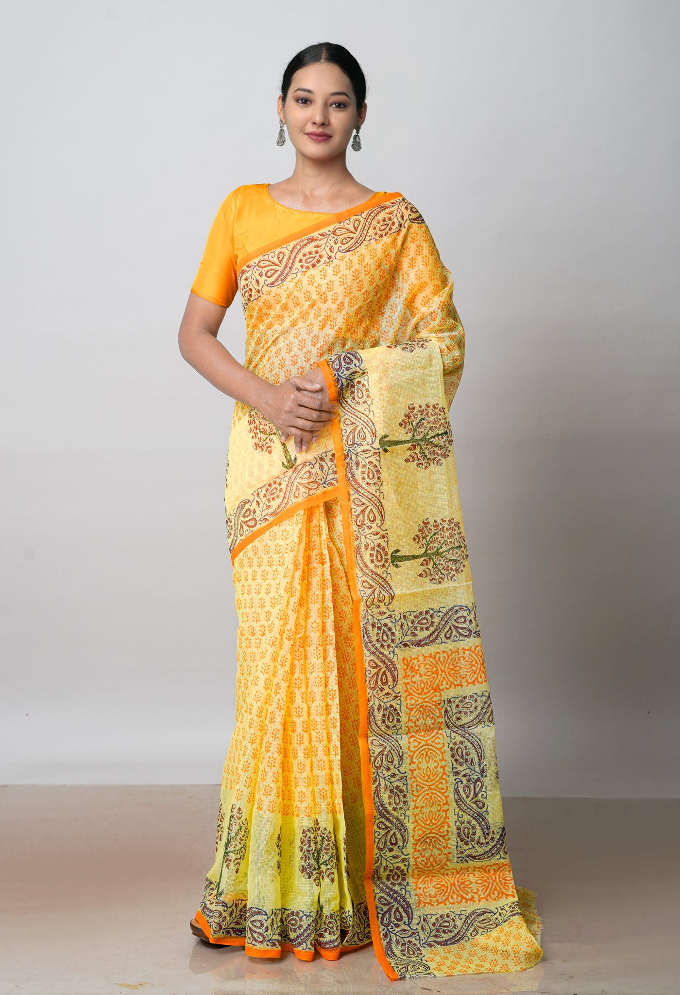 Yellow Pure  Block Printed Kota Cotton Saree-UNM72713