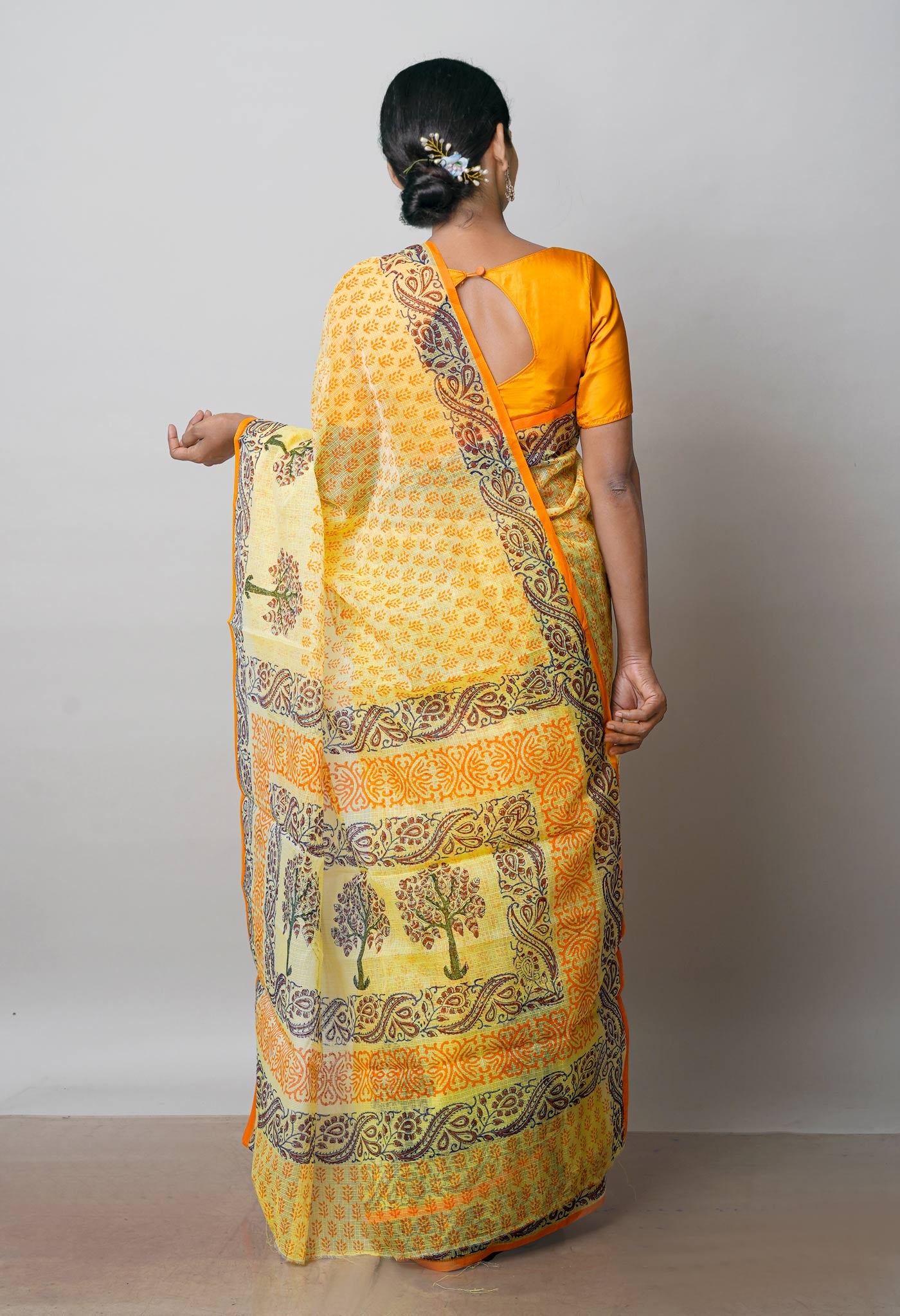 Yellow Pure  Block Printed Kota Cotton Saree-UNM72713