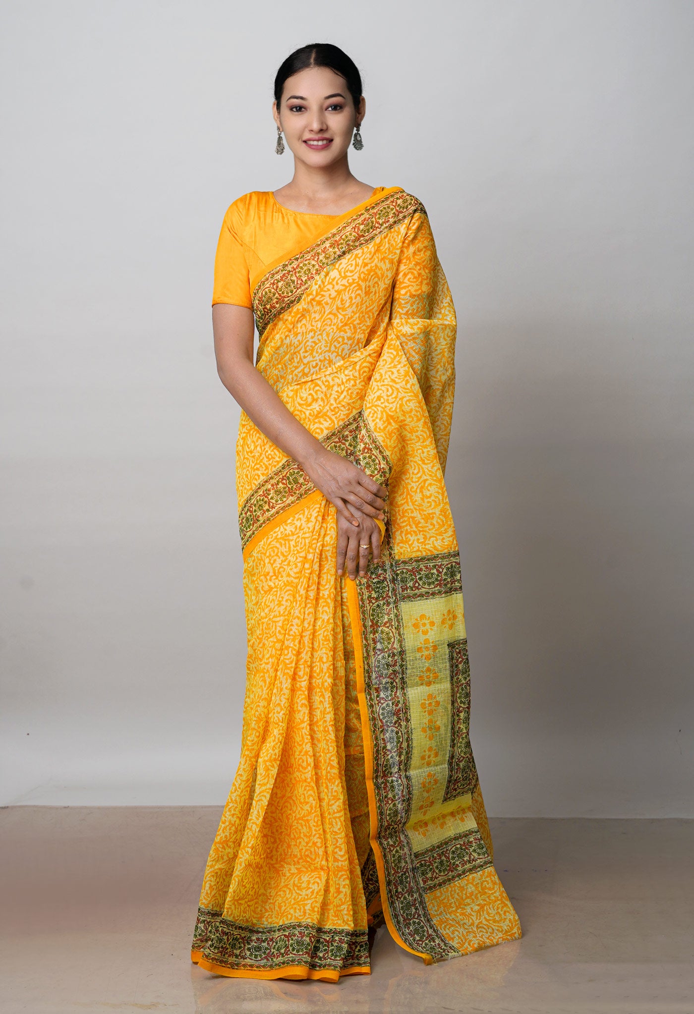 Yellow Pure  Block Printed Kota Cotton Saree-UNM72727