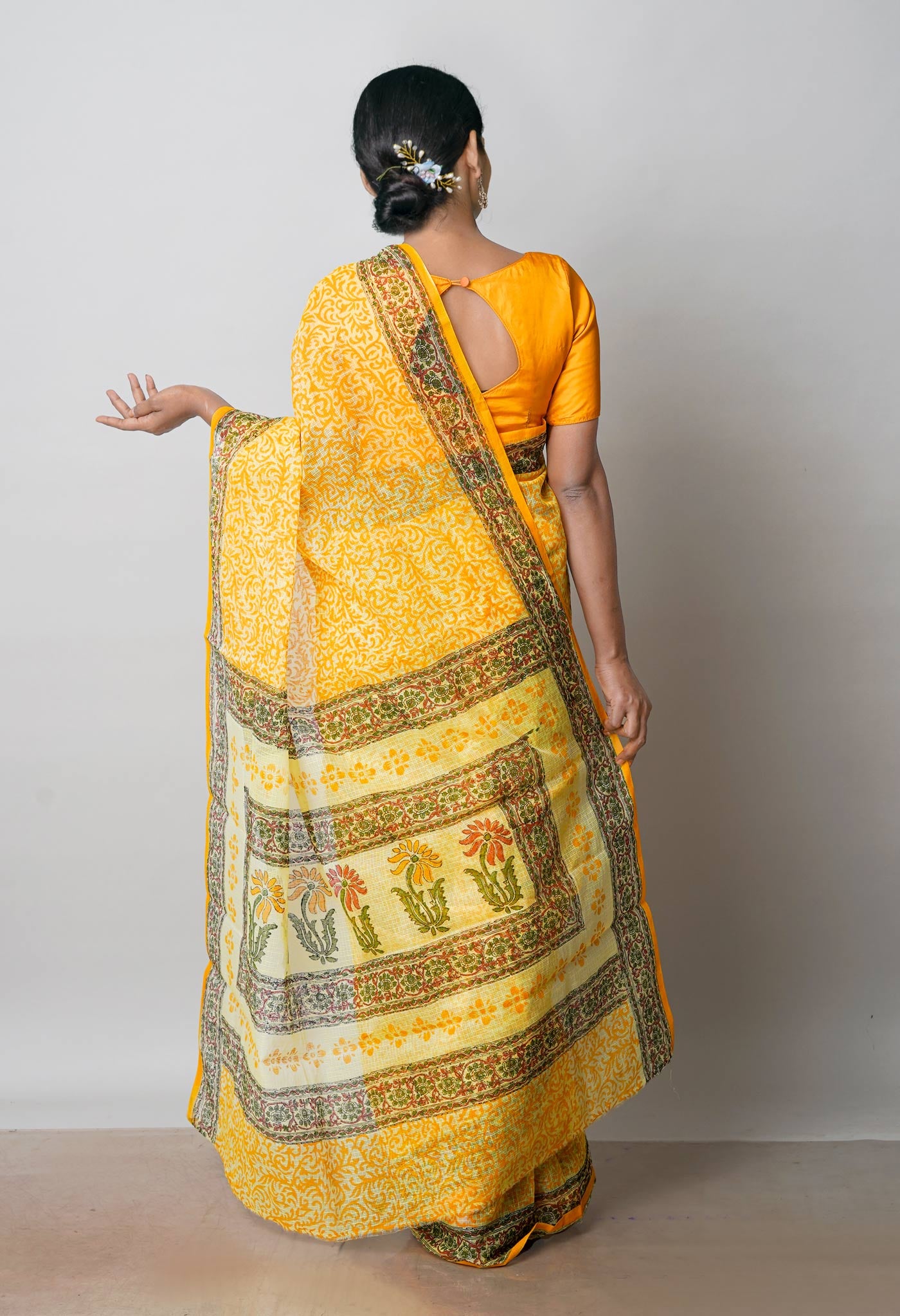 Yellow Pure  Block Printed Kota Cotton Saree-UNM72727