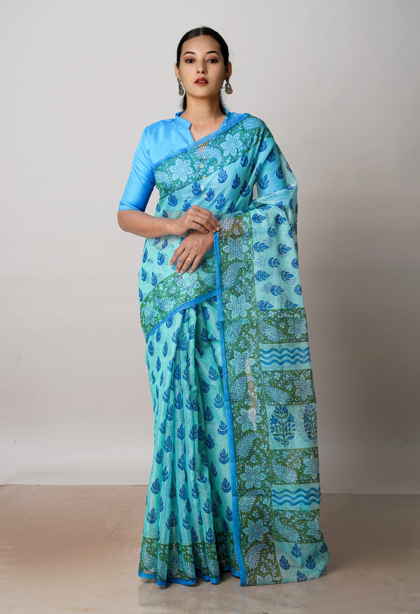 Turquoise Blue Pure  Block Printed Kota Cotton Saree-UNM72728