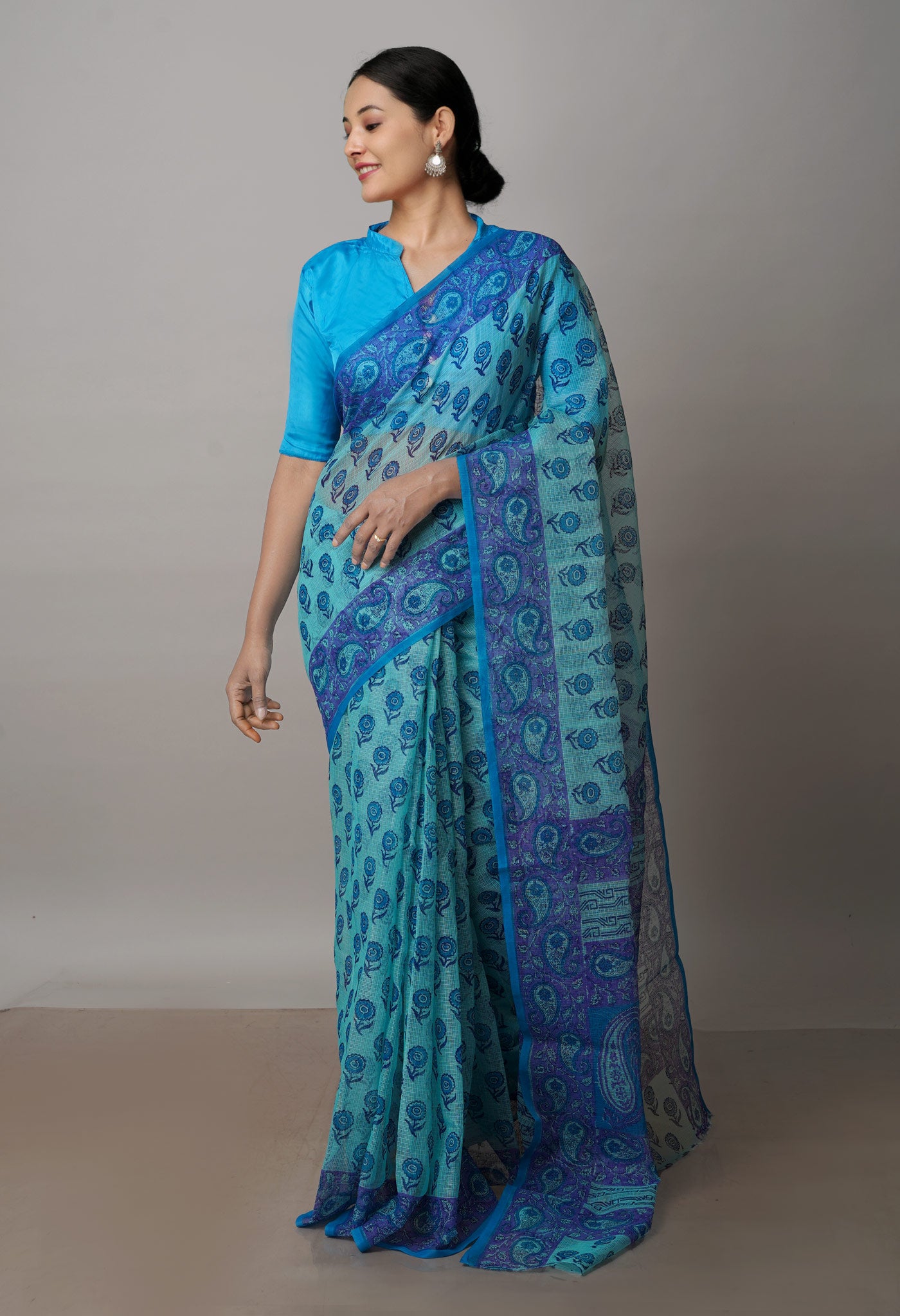 Turquoise Blue Pure  Block Printed Kota Cotton Saree-UNM72737