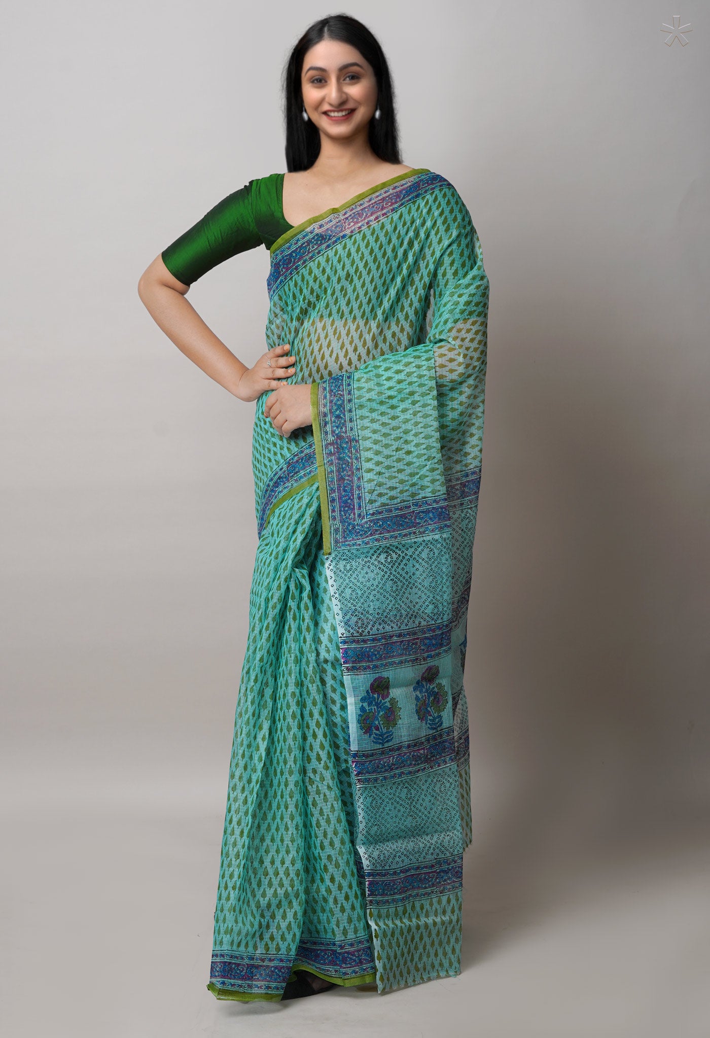 Turquoise Blue Pure  Block Printed Kota Cotton Saree-UNM72745