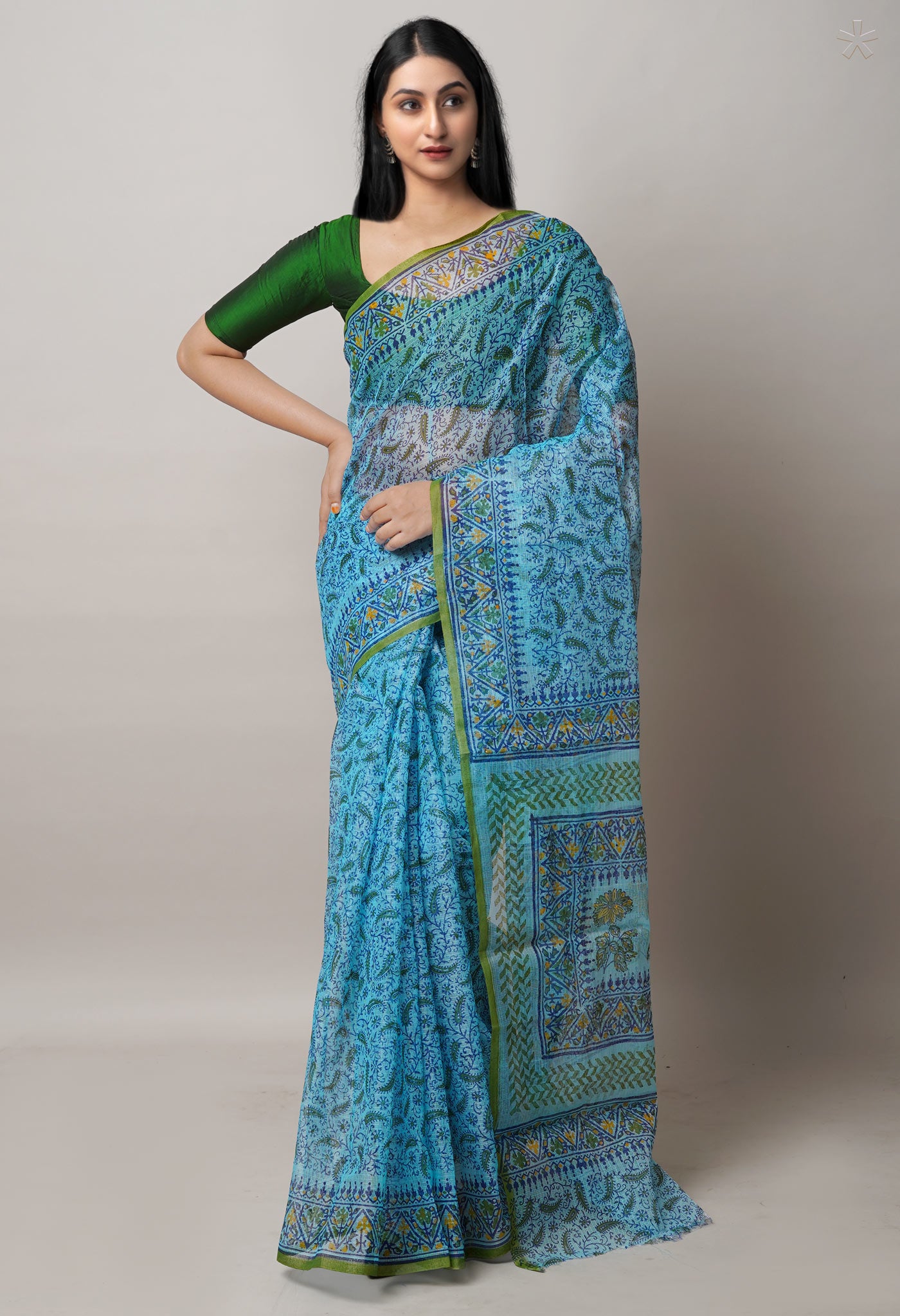 Blue Pure  Block Printed Kota Cotton Saree-UNM72747