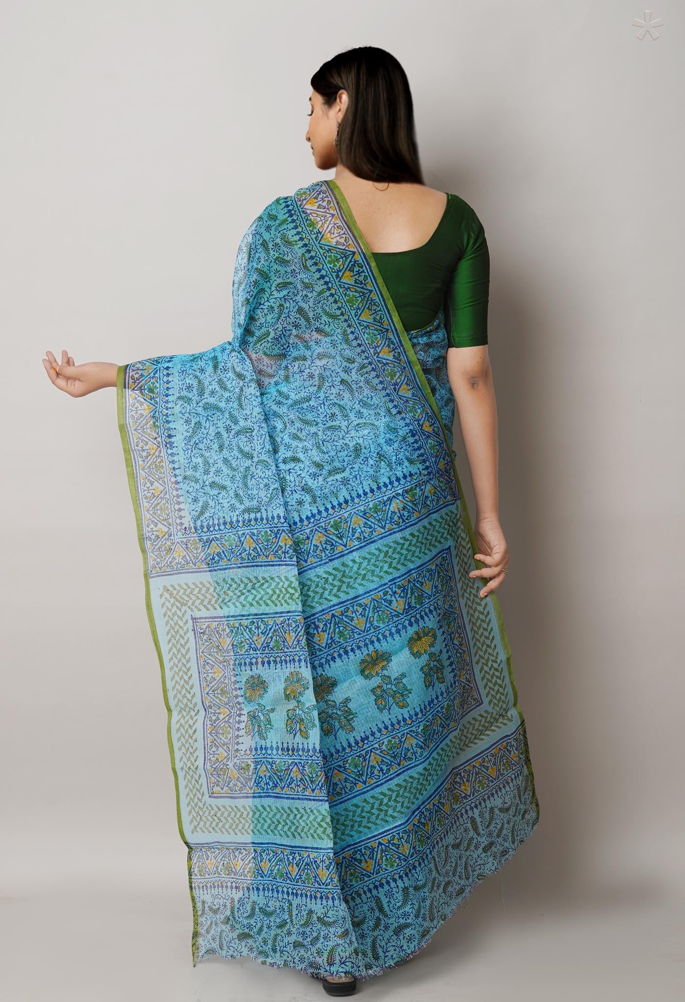 Blue Pure  Block Printed Kota Cotton Saree-UNM72747