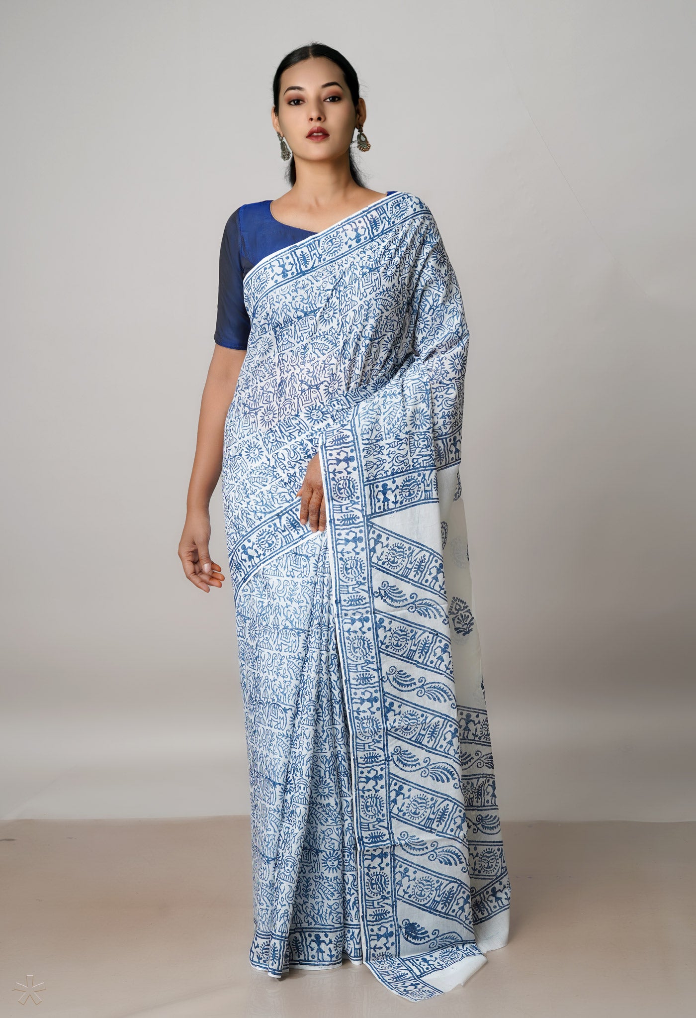 White Pure Block Printed Soft Cotton Saree With Kalamkari Blouse Piece