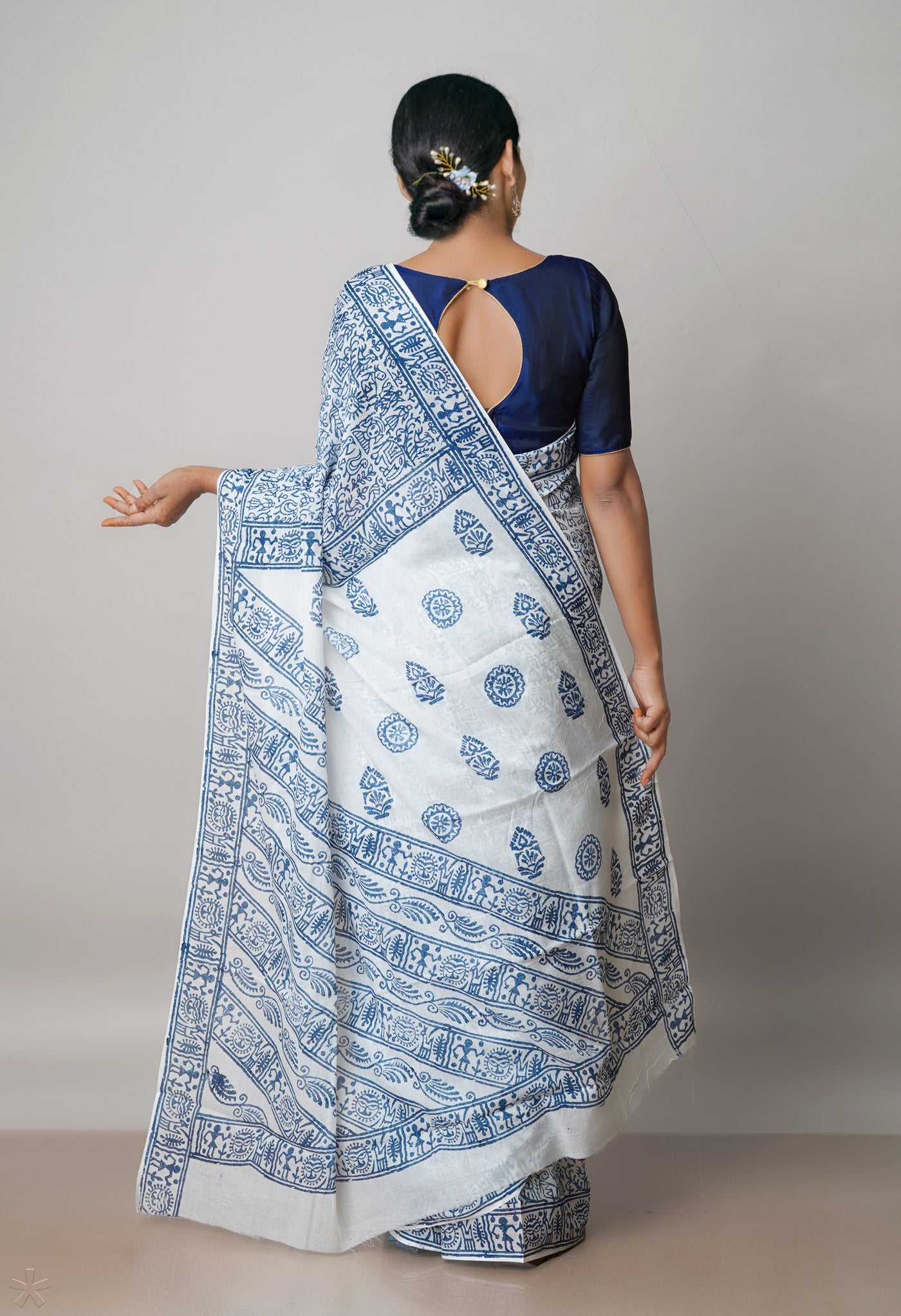 White Pure Block Printed Soft Cotton Saree With Kalamkari Blouse Piece