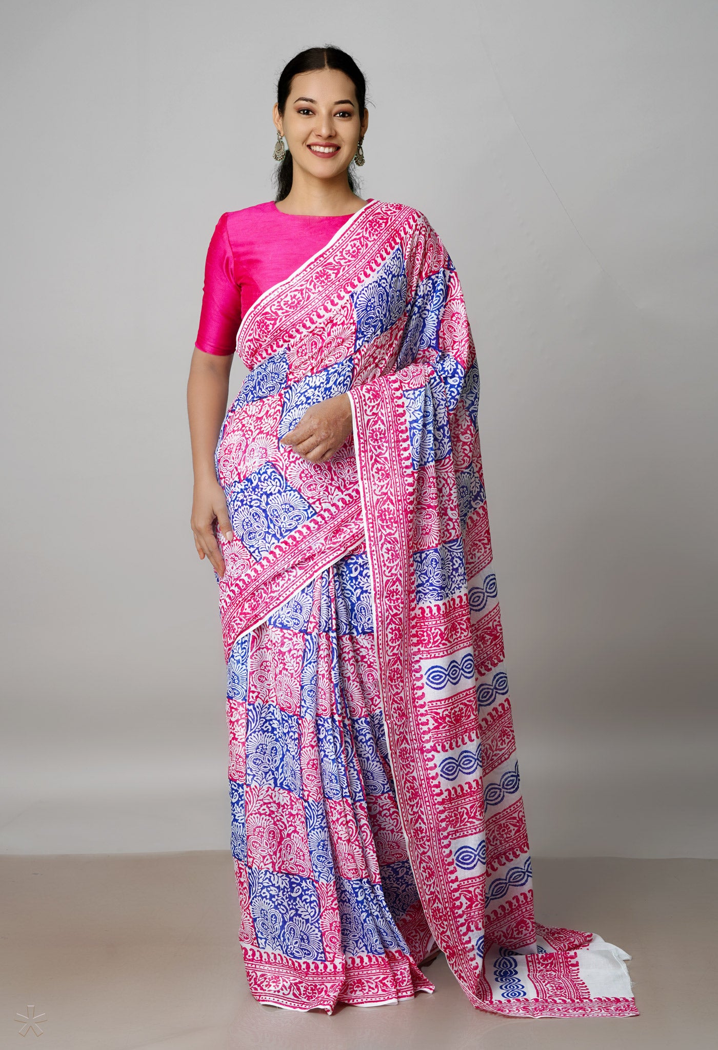 White Pure Block Printed Soft Cotton Saree With Kalamkari Blouse Piece