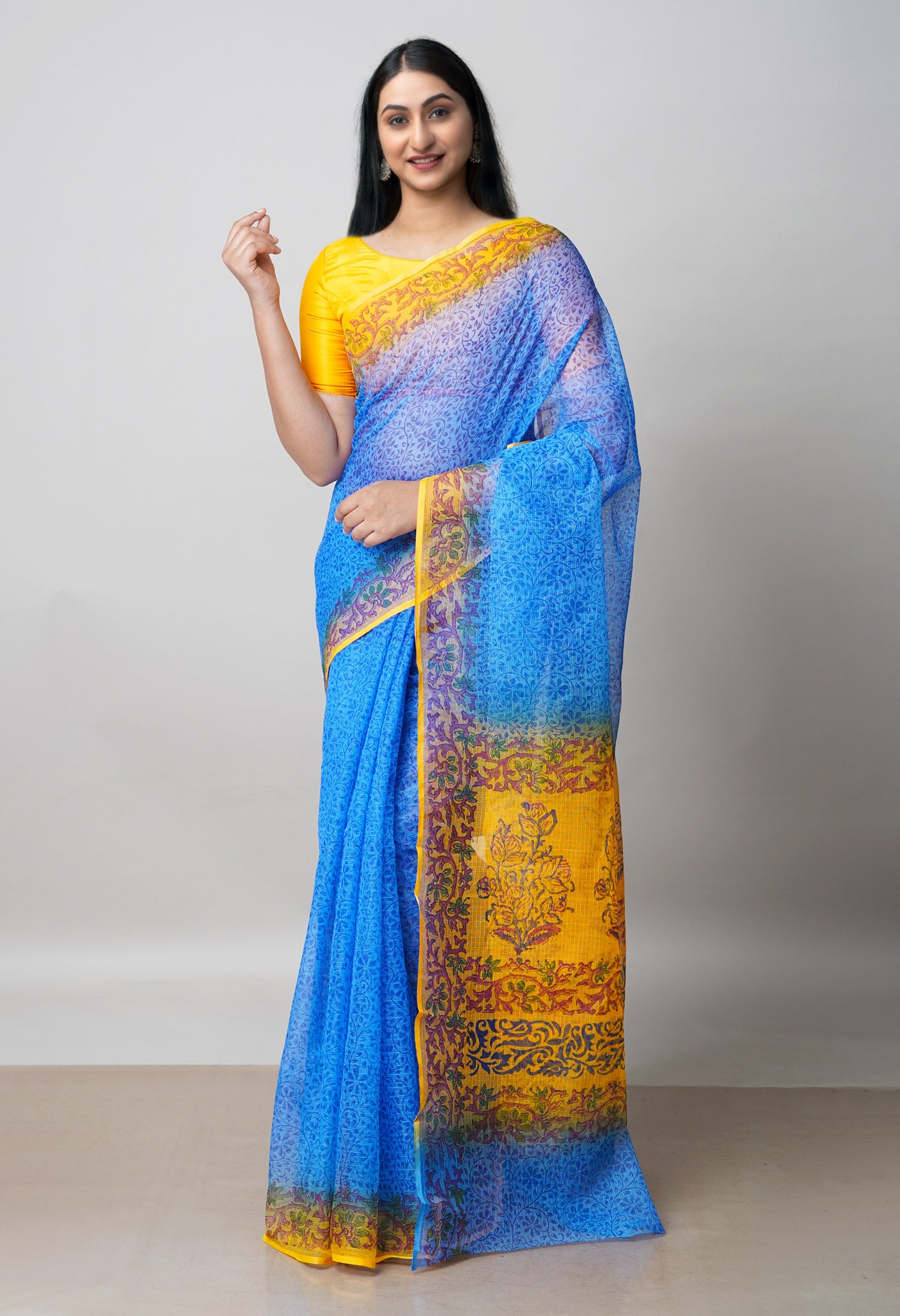 Blue Pure Block Printed  Kota Cotton Saree With Kalamkari Blouse Piece-UNM72971