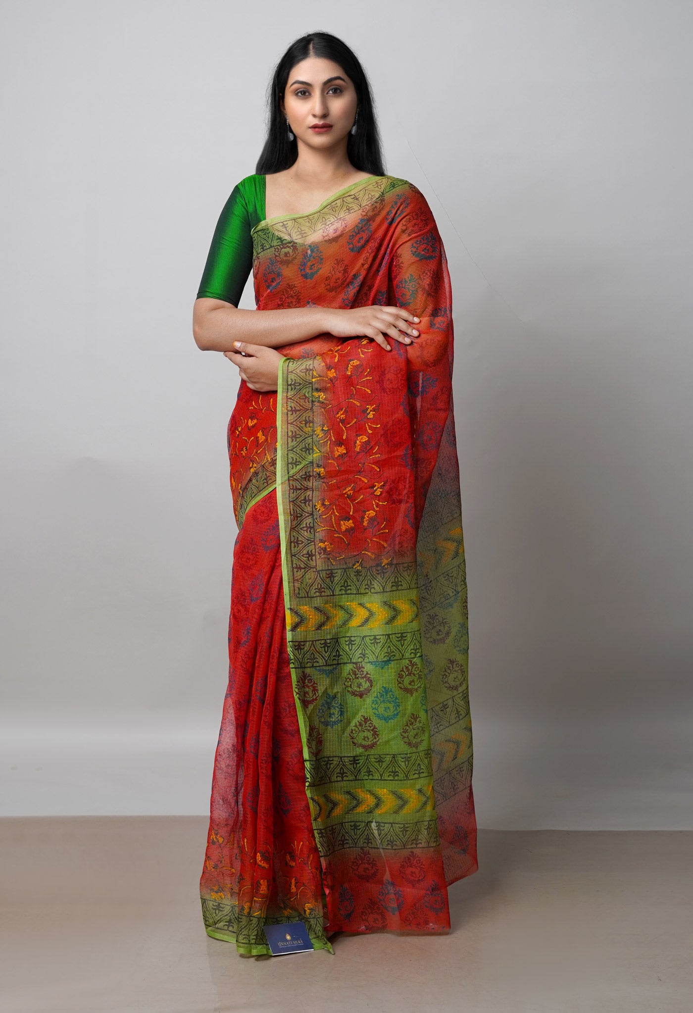 Red Pure Block Printed  Kota Cotton Saree With Kalamkari Blouse Piece-UNM72975