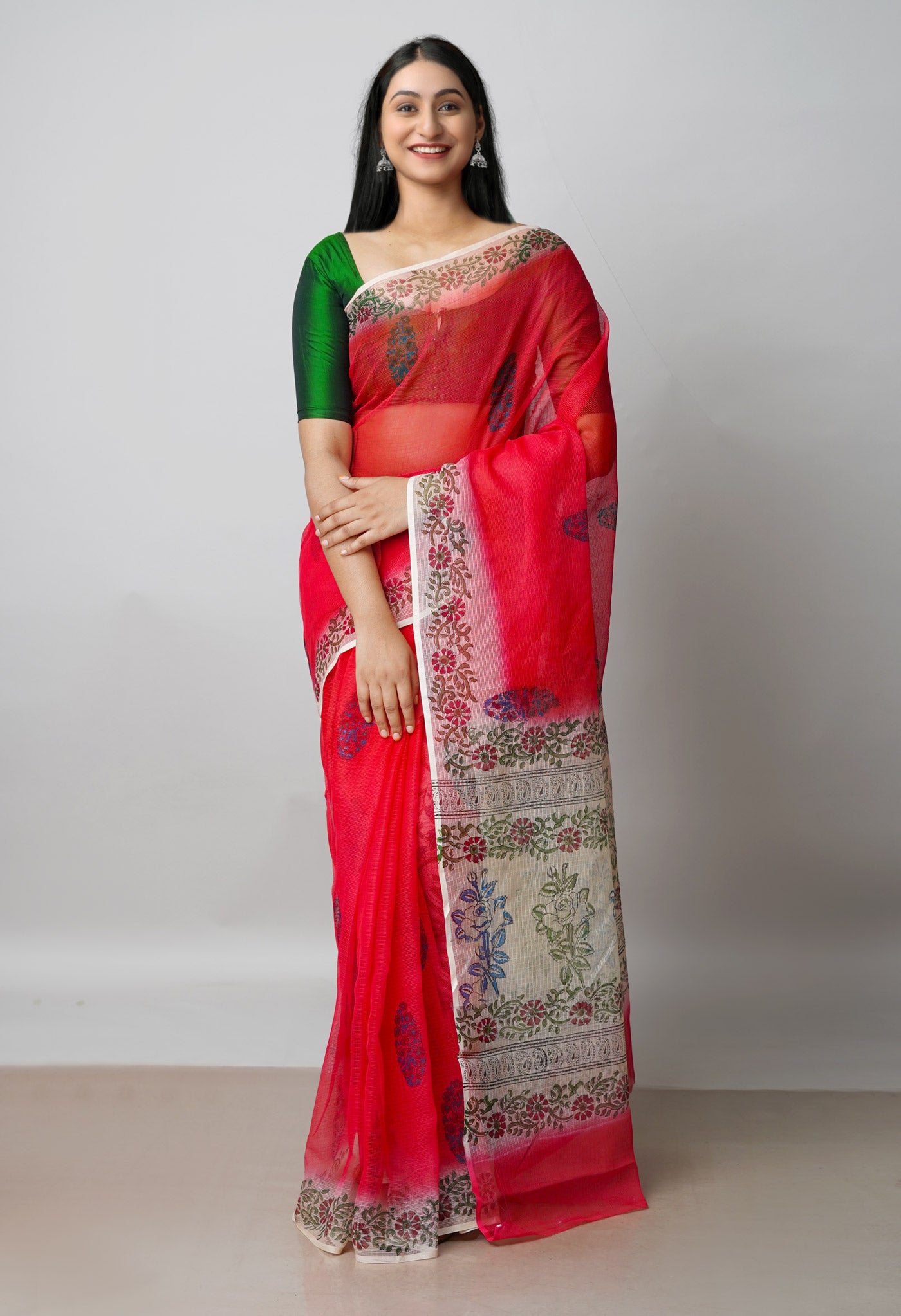 Red Pure Block Printed  Kota Cotton Saree With Kalamkari Blouse Piece-UNM72976