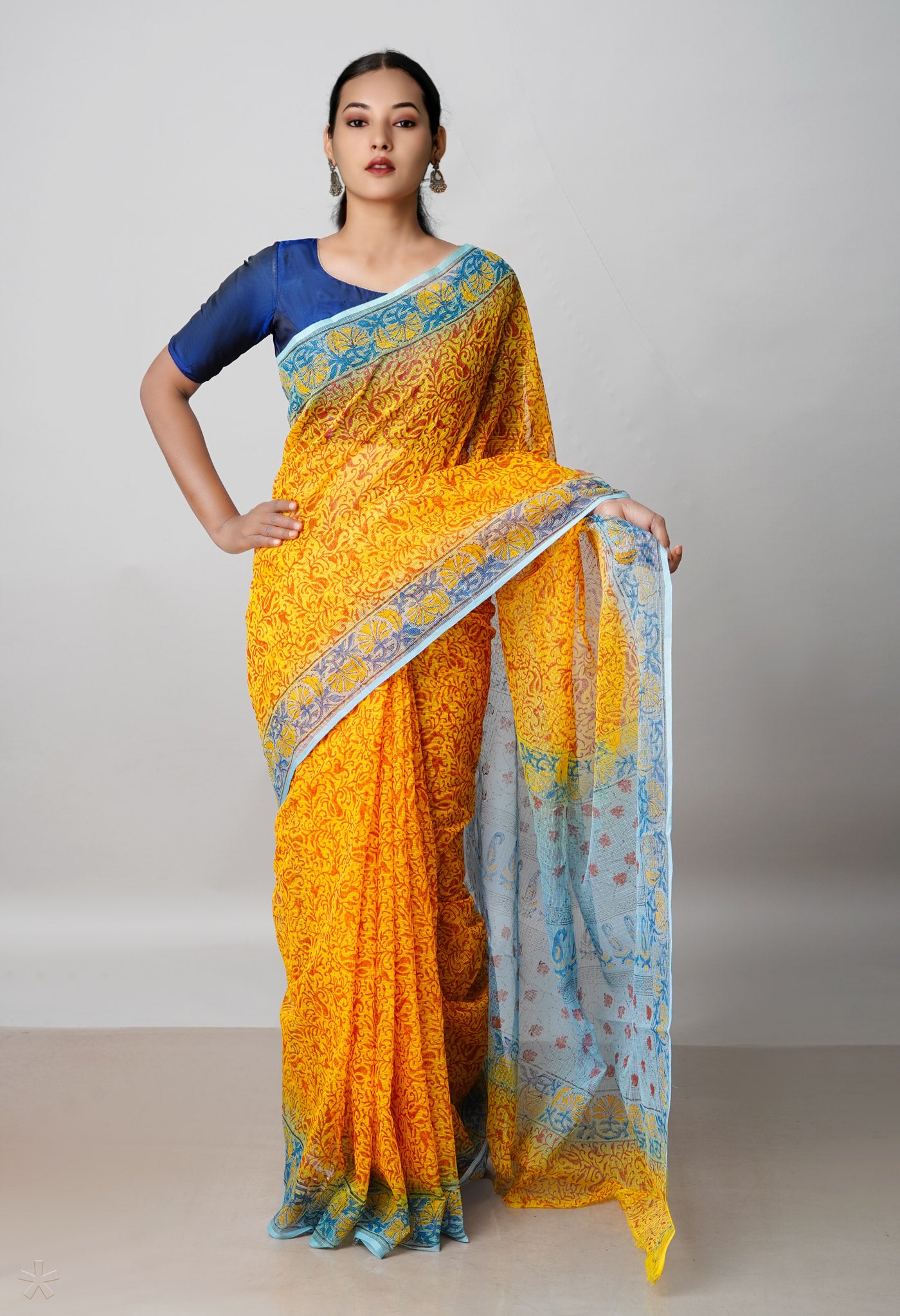 Yellow Pure Block Printed Kota Cotton Saree With Kalamkari Blouse Piece