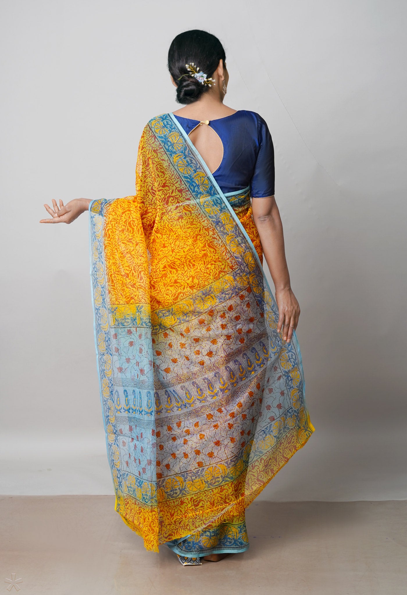 Yellow Pure Block Printed Kota Cotton Saree With Kalamkari Blouse Piece