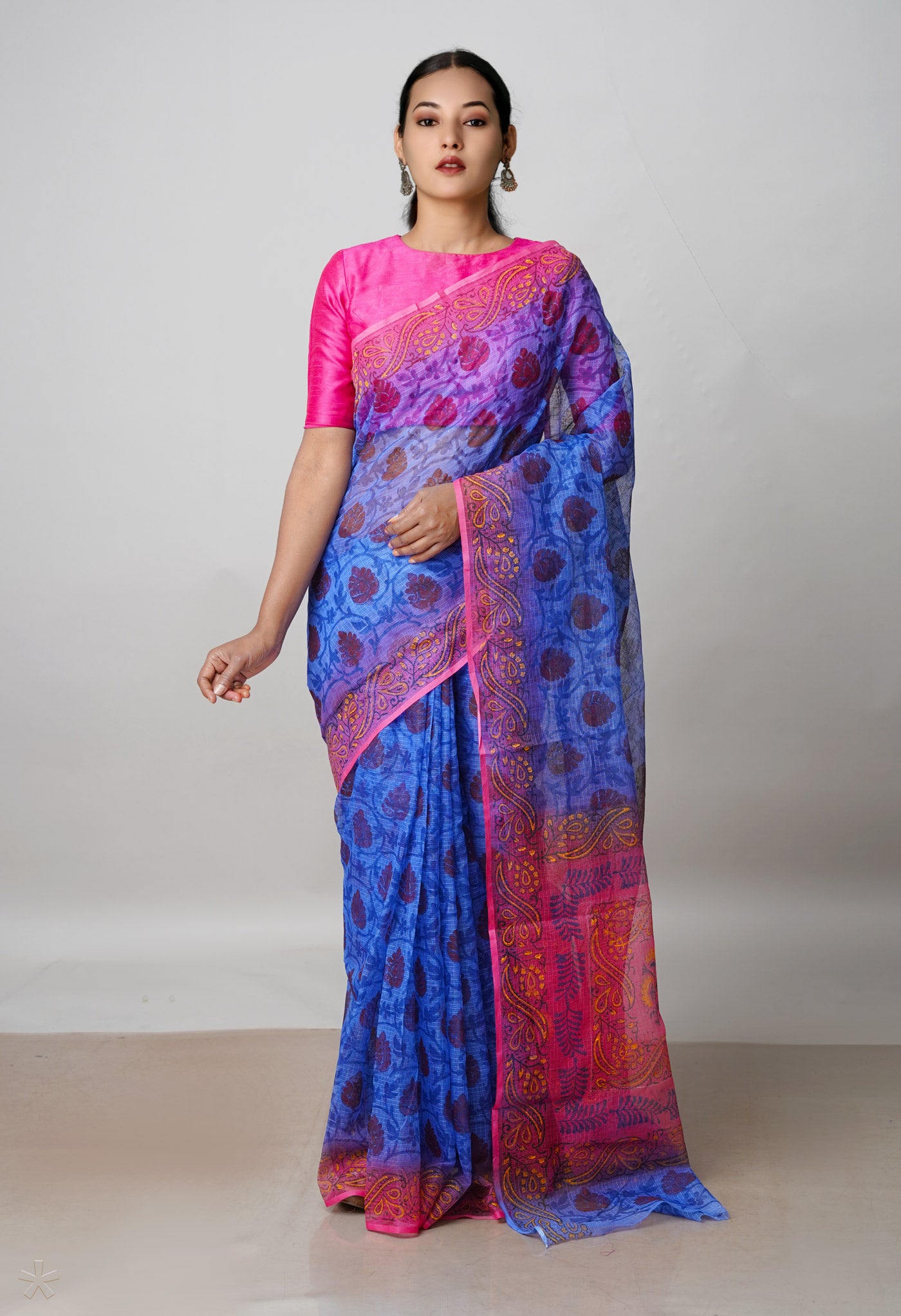 Blue Pure Block Printed Kota Cotton Saree With Kalamkari Blouse Piece