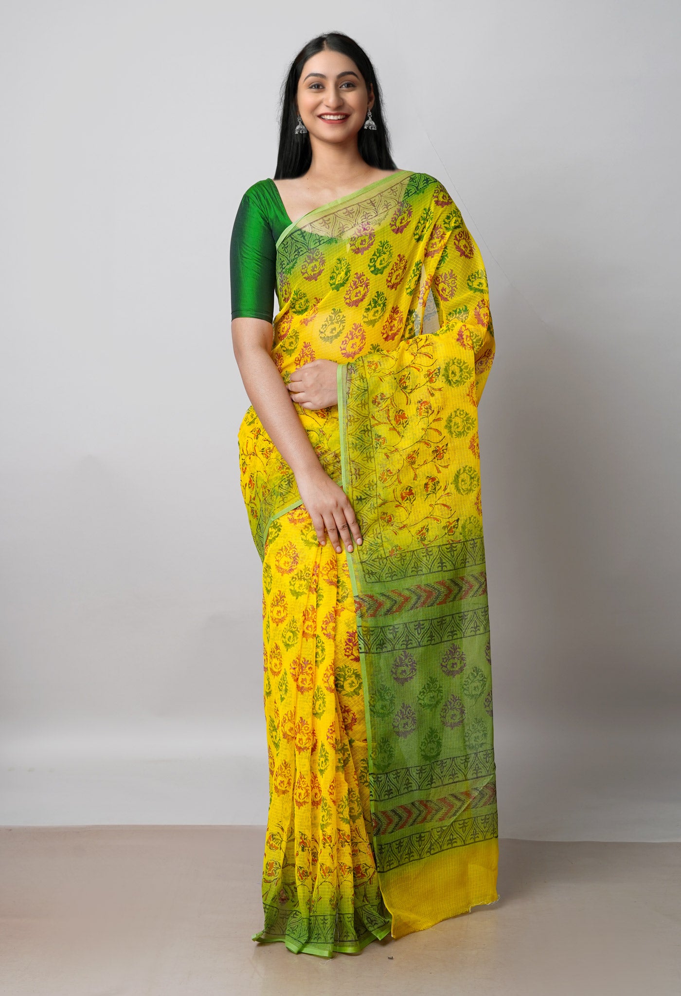 Yellow Pure Block Printed  Kota Cotton Saree With Kalamkari Blouse Piece-UNM72984