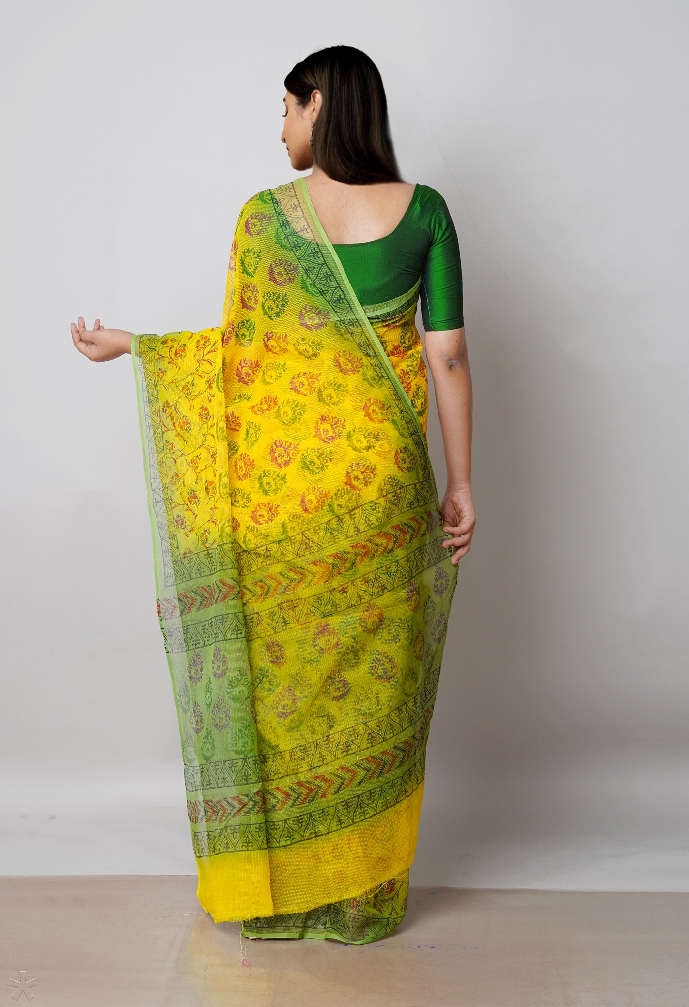 Yellow Pure Block Printed  Kota Cotton Saree With Kalamkari Blouse Piece-UNM72984