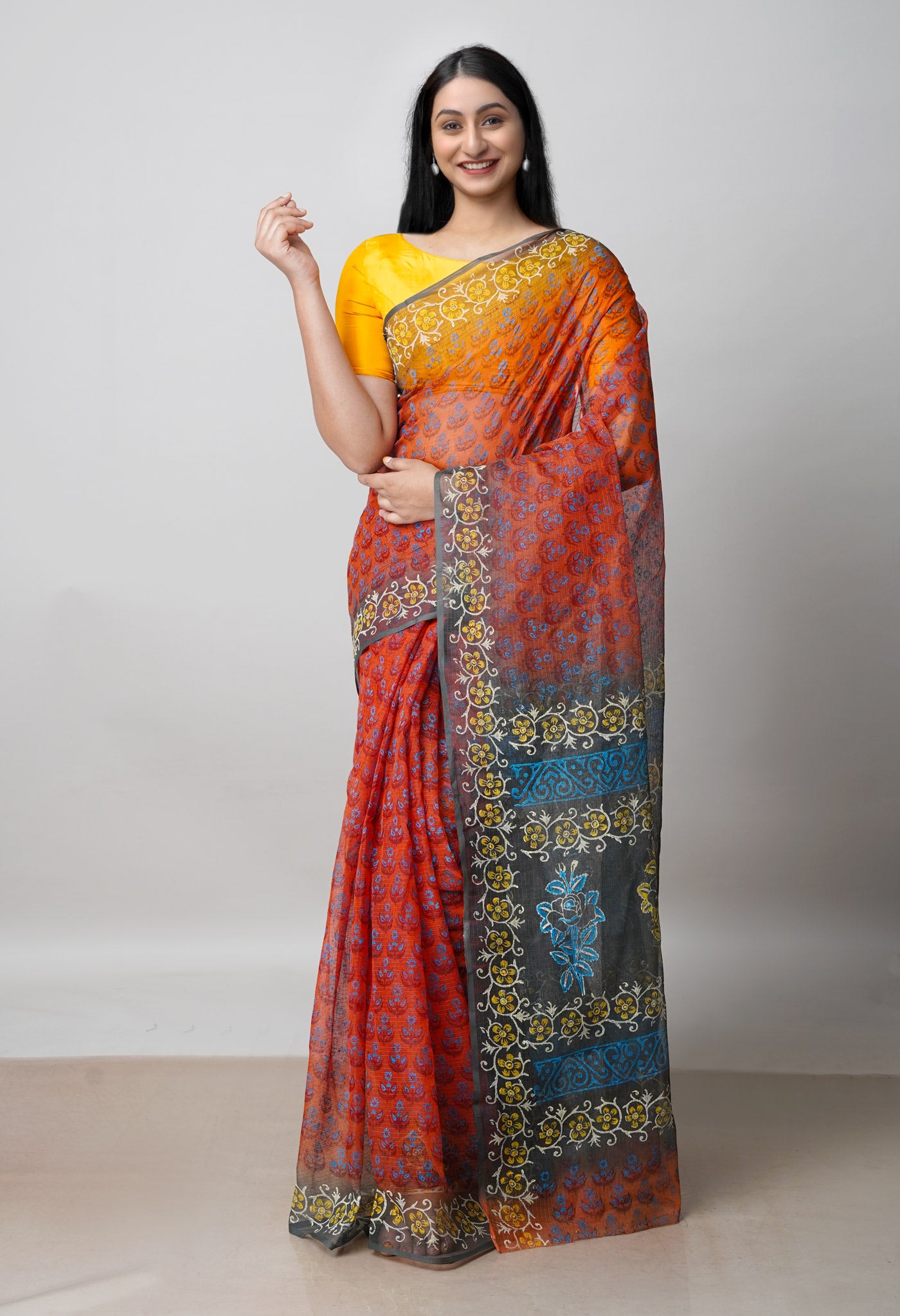 Red Pure Kota Cotton Saree With Kalamkari Blouse Piece