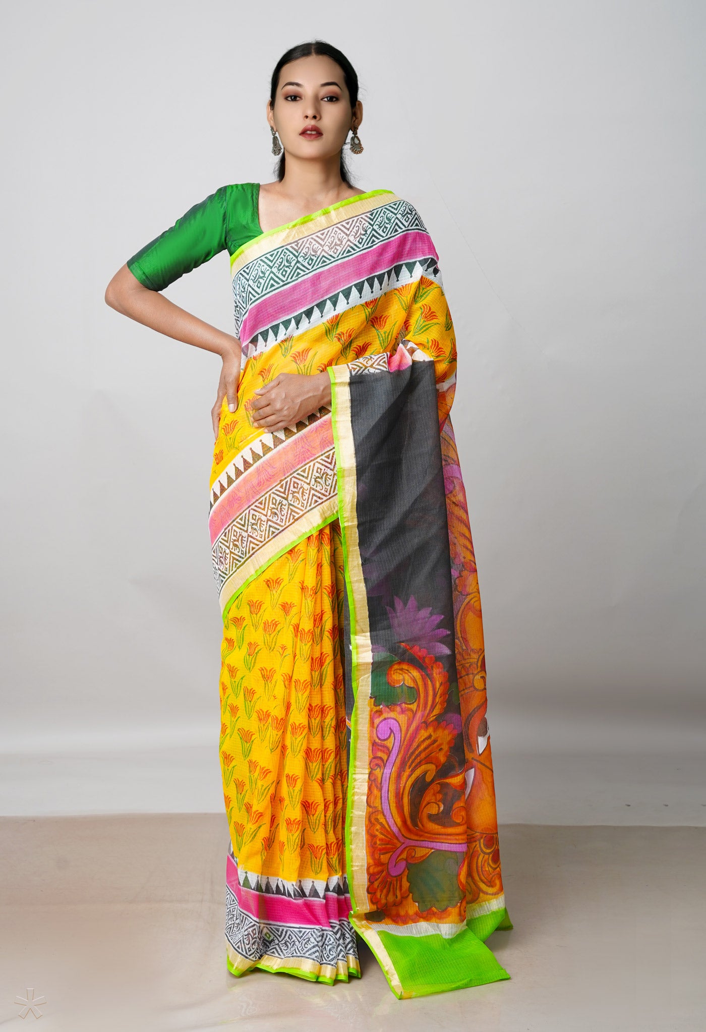 Yellow Pure  Block Printed  Kota  Cotton Saree-UNM72998