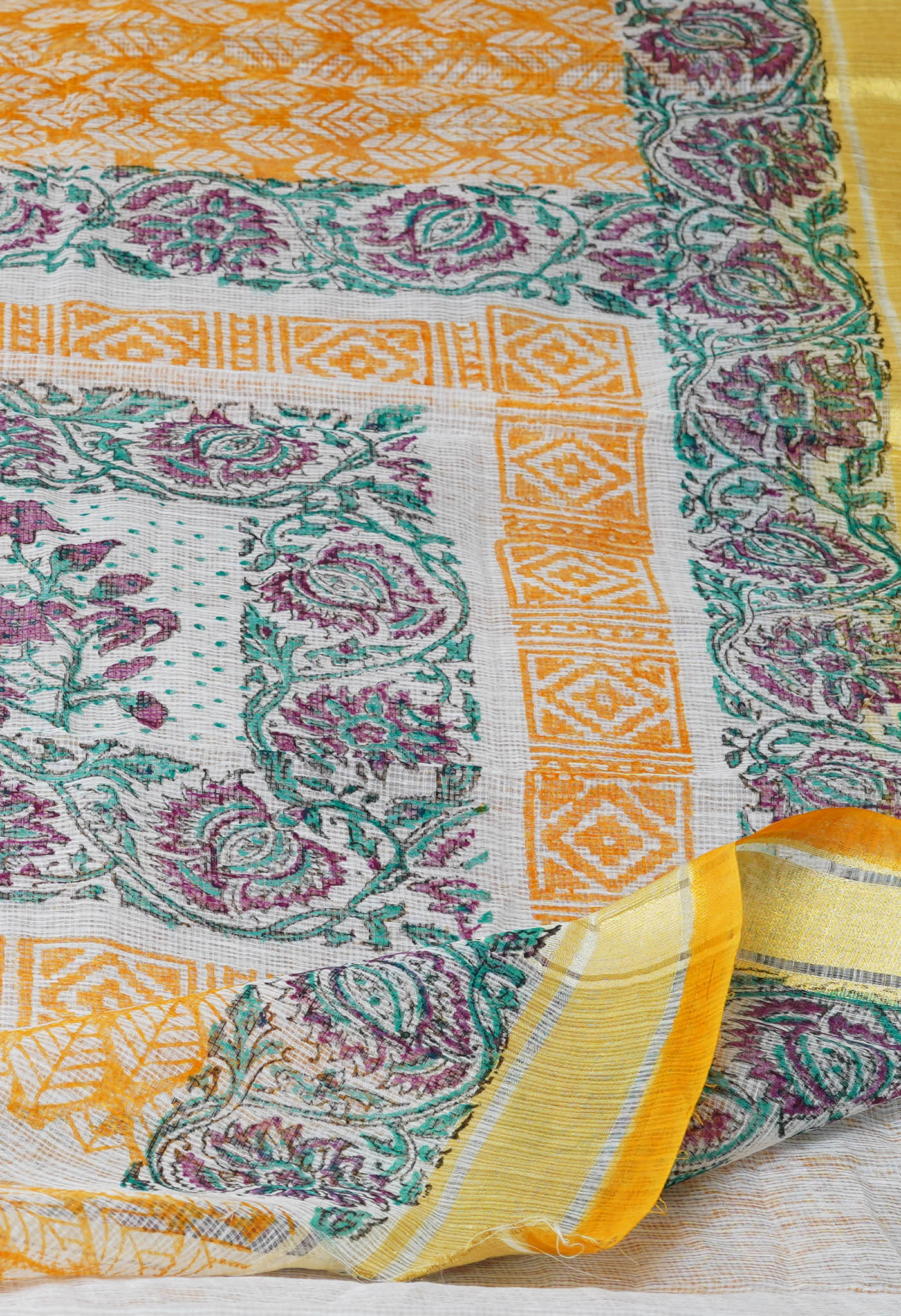 Yellow Pure  Block Printed  Kota  Cotton Saree-UNM72999