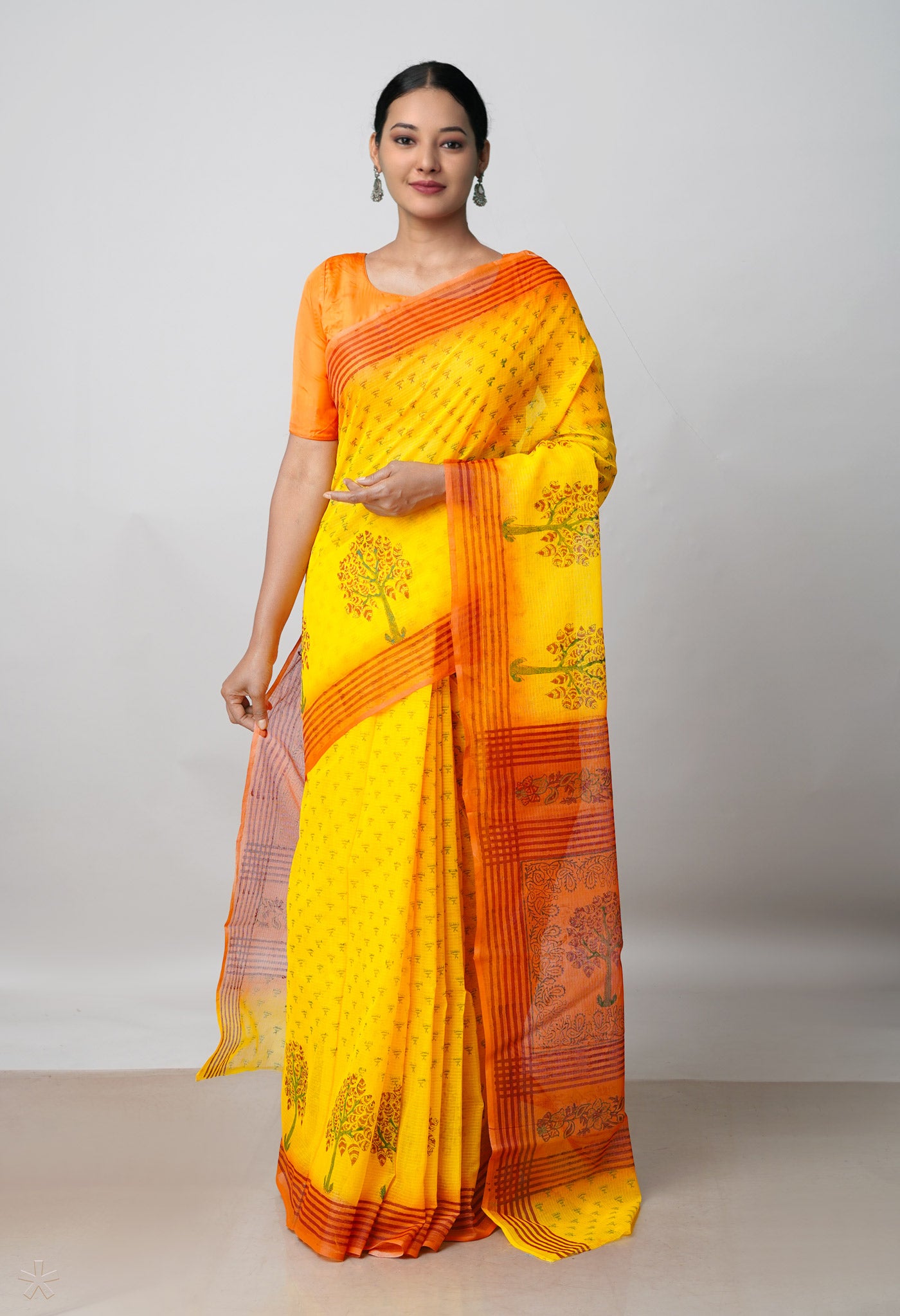 Yellow Pure Block Printed Kota Cotton Saree