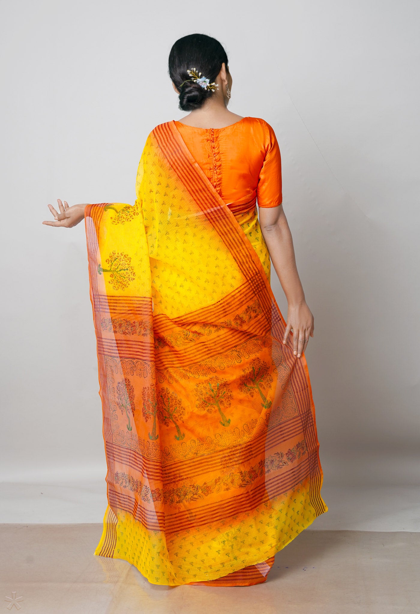 Yellow Pure Block Printed Kota Cotton Saree