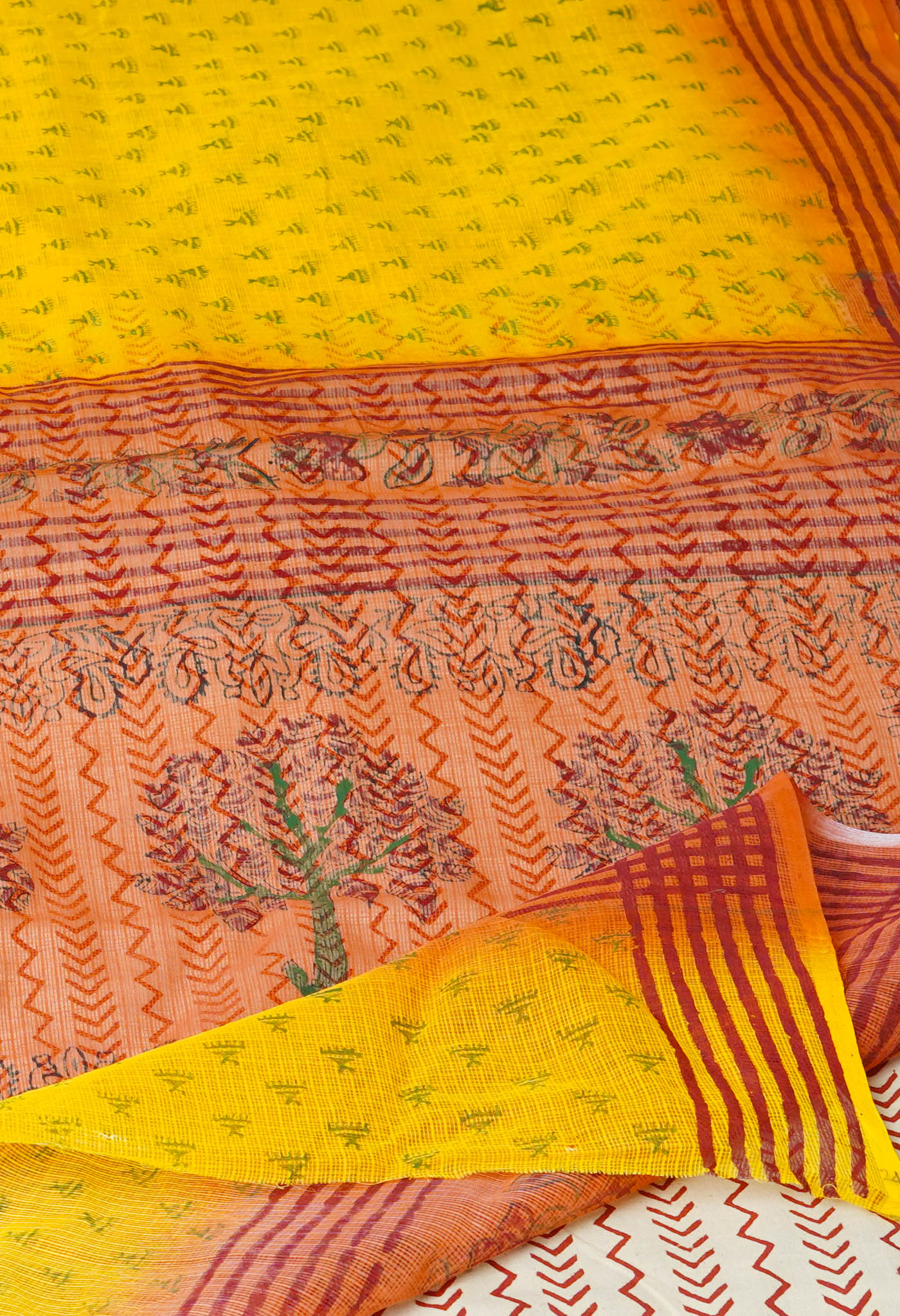 Yellow Pure Block Printed Kota Cotton Saree