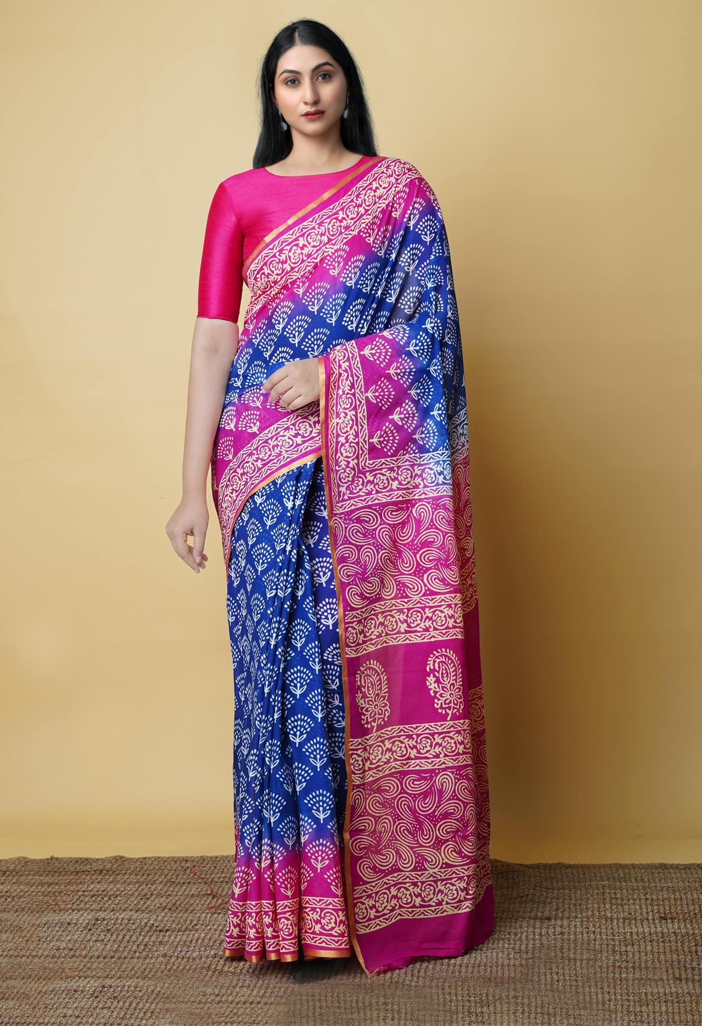 Dark Blue-Pink Pure  Contrast Dye Discharge Hand Block Printed Superfine Mulmul Cotton Saree-UNM73105