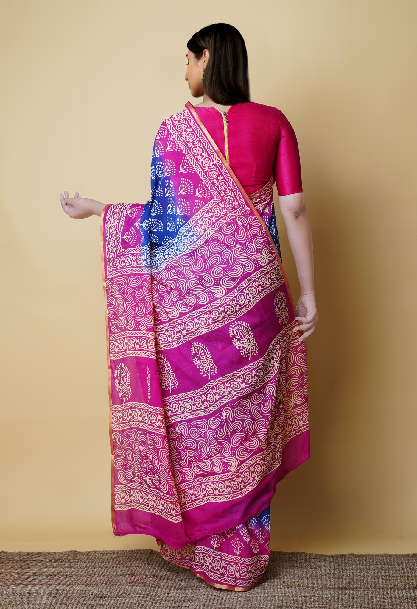 Dark Blue-Pink Pure  Contrast Dye Discharge Hand Block Printed Superfine Mulmul Cotton Saree-UNM73105