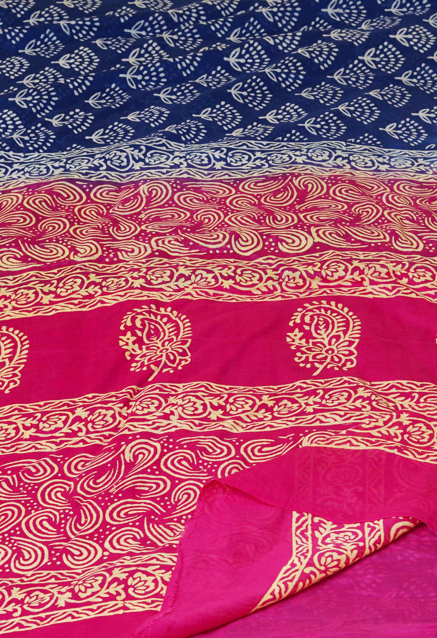 Dark Blue-Pink Pure  Contrast Dye Discharge Hand Block Printed Superfine Mulmul Cotton Saree-UNM73105