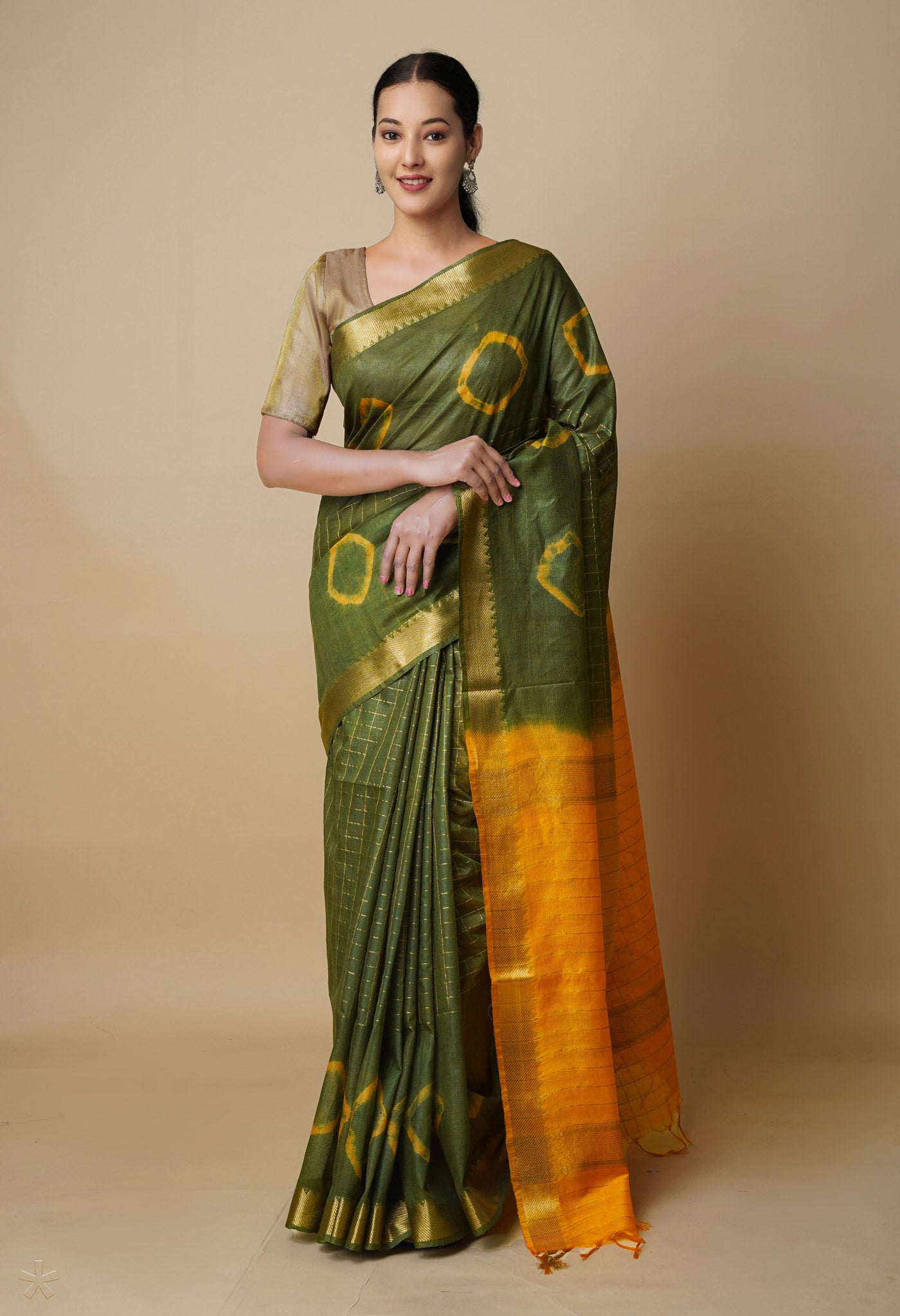 Olive Green-Orange  Dyed Printed And Zari Weaving Checks Mangalagiri Sico Saree-UNM73146