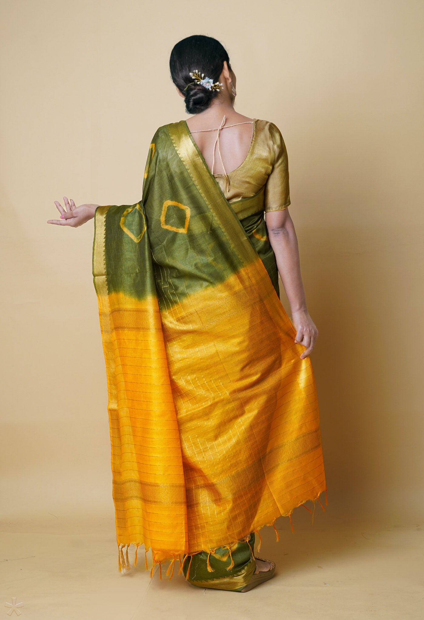 Olive Green-Orange  Dyed Printed And Zari Weaving Checks Mangalagiri Sico Saree-UNM73146