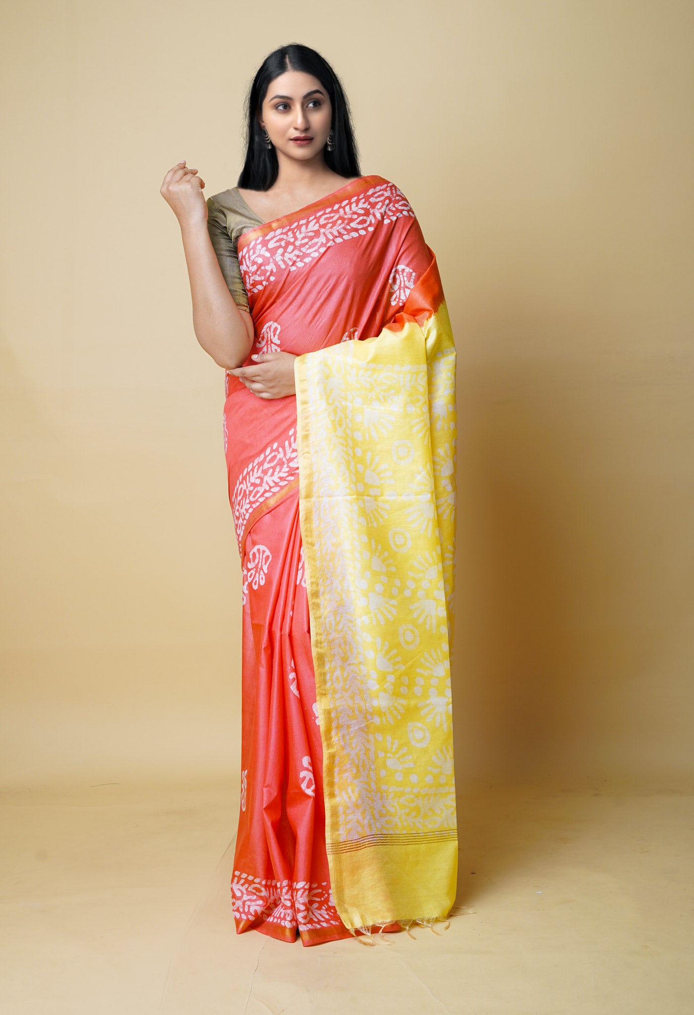 Red-Yellow Batik Printed Chanderi Sico Saree