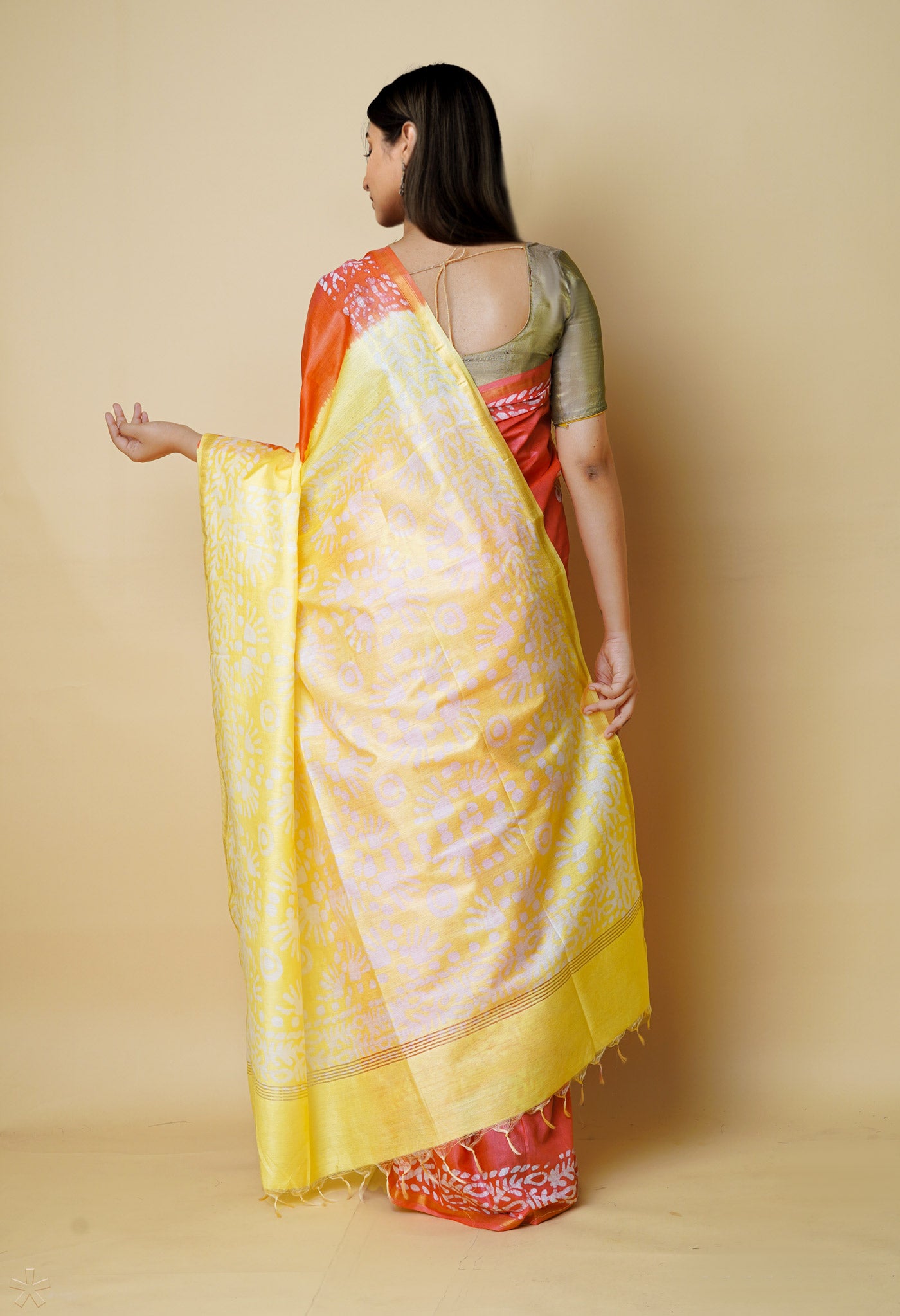 Red-Yellow Batik Printed Chanderi Sico Saree