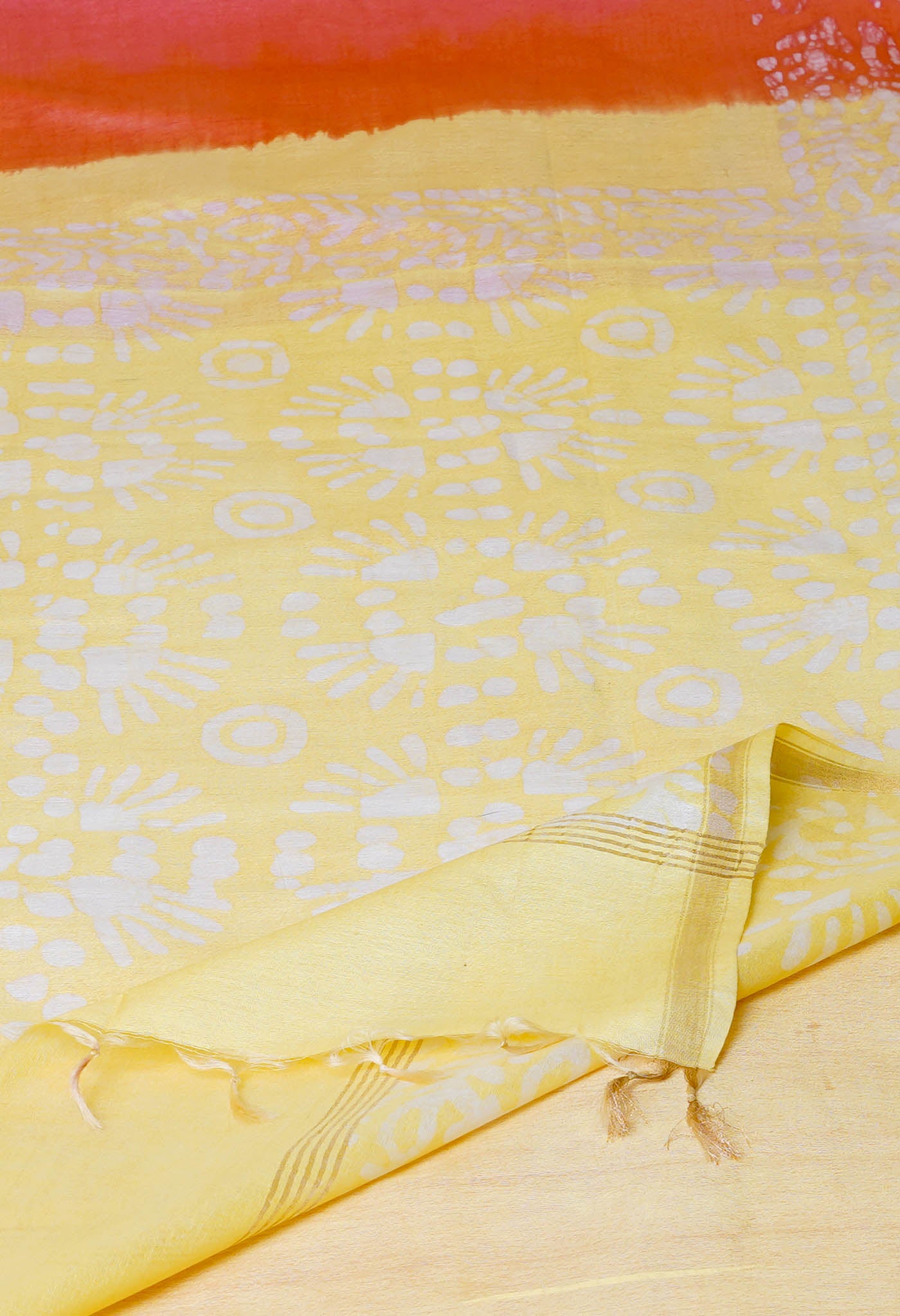 Red-Yellow Batik Printed Chanderi Sico Saree